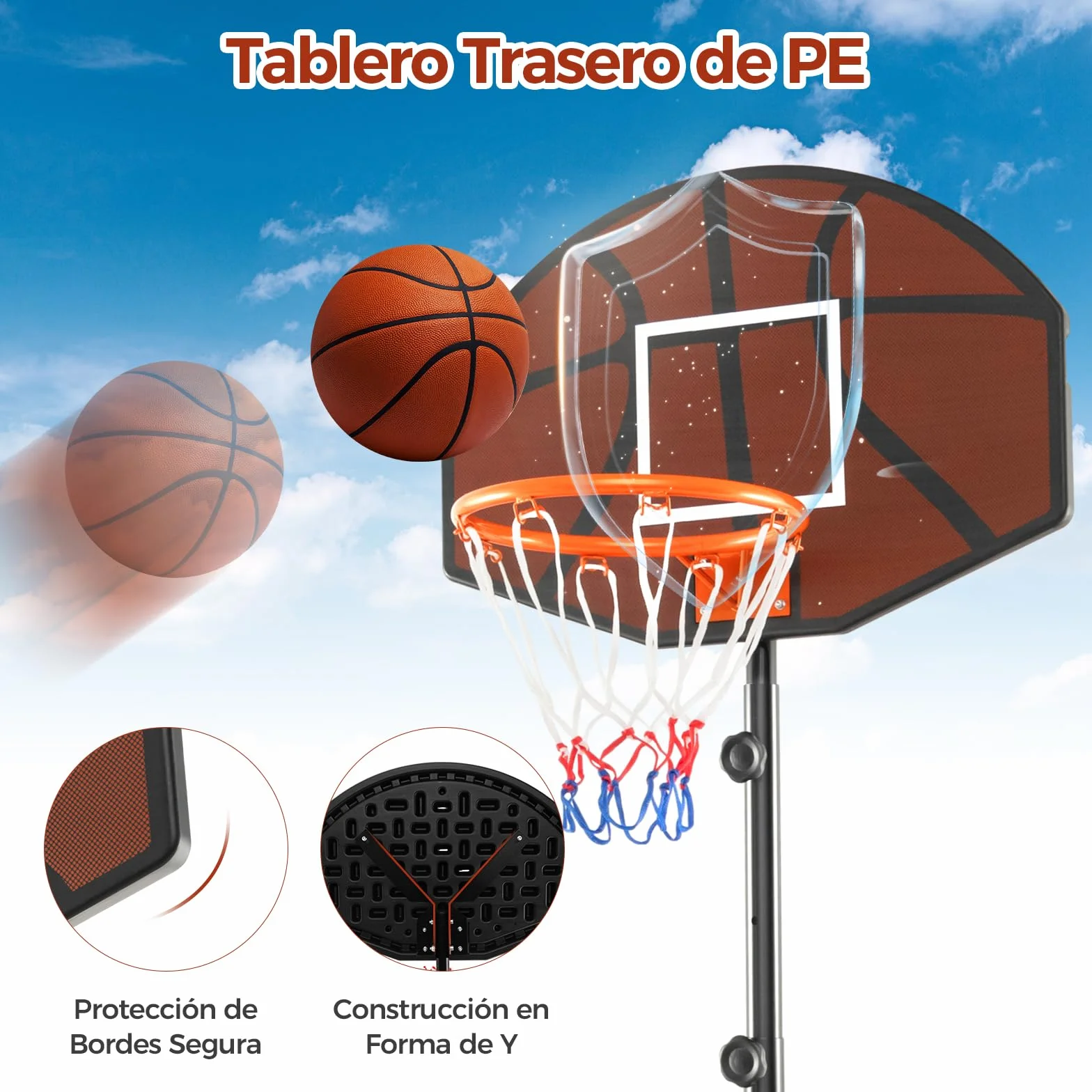COSTWAY Canasta Baloncesto Exterior Altura Ajustable 3 Niveles 1,72 a 2m Móvil Ruedas Aro Niños Adultos