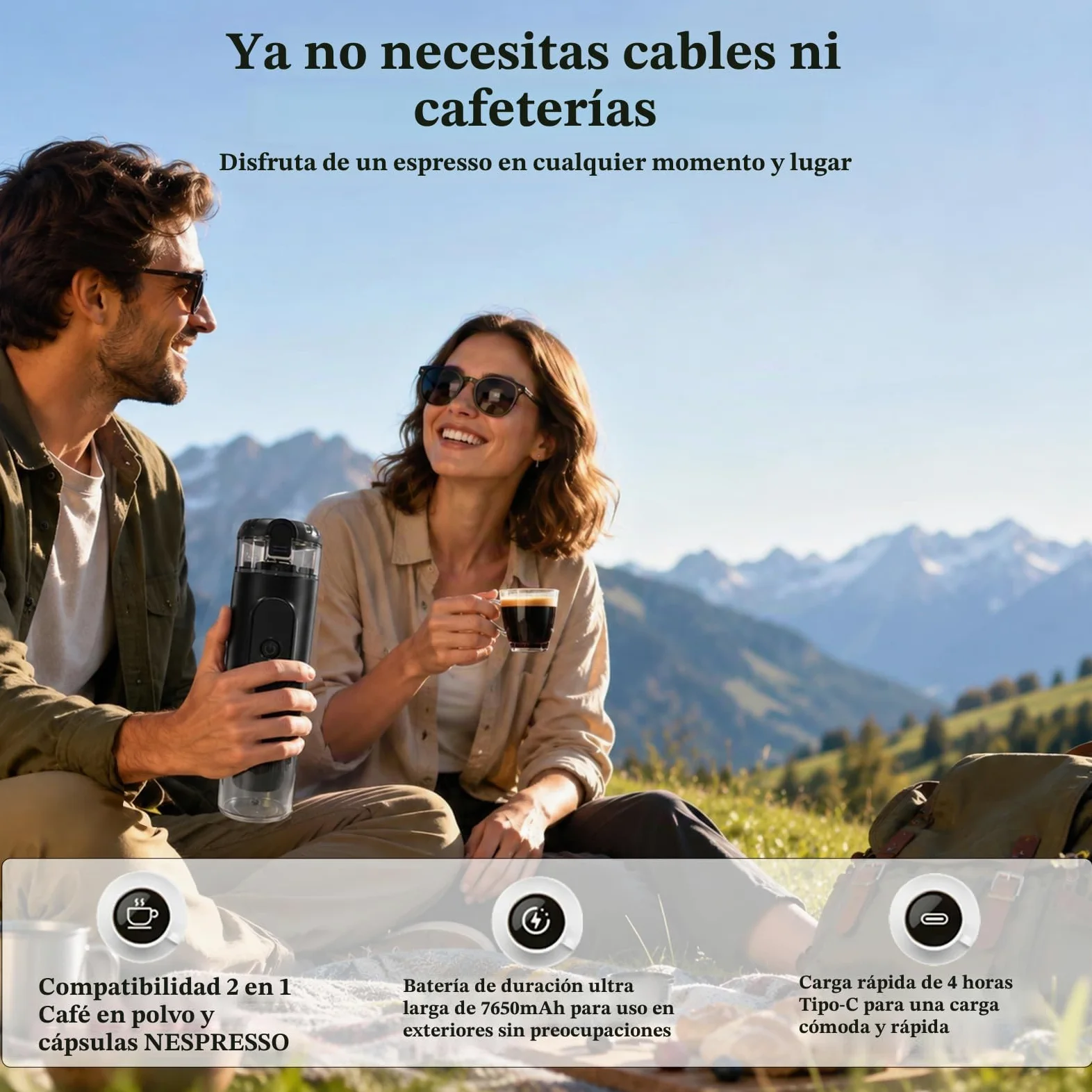 Cafetera eléctrica con pantalla LED de temperatura, compatible con cápsulas y café molido