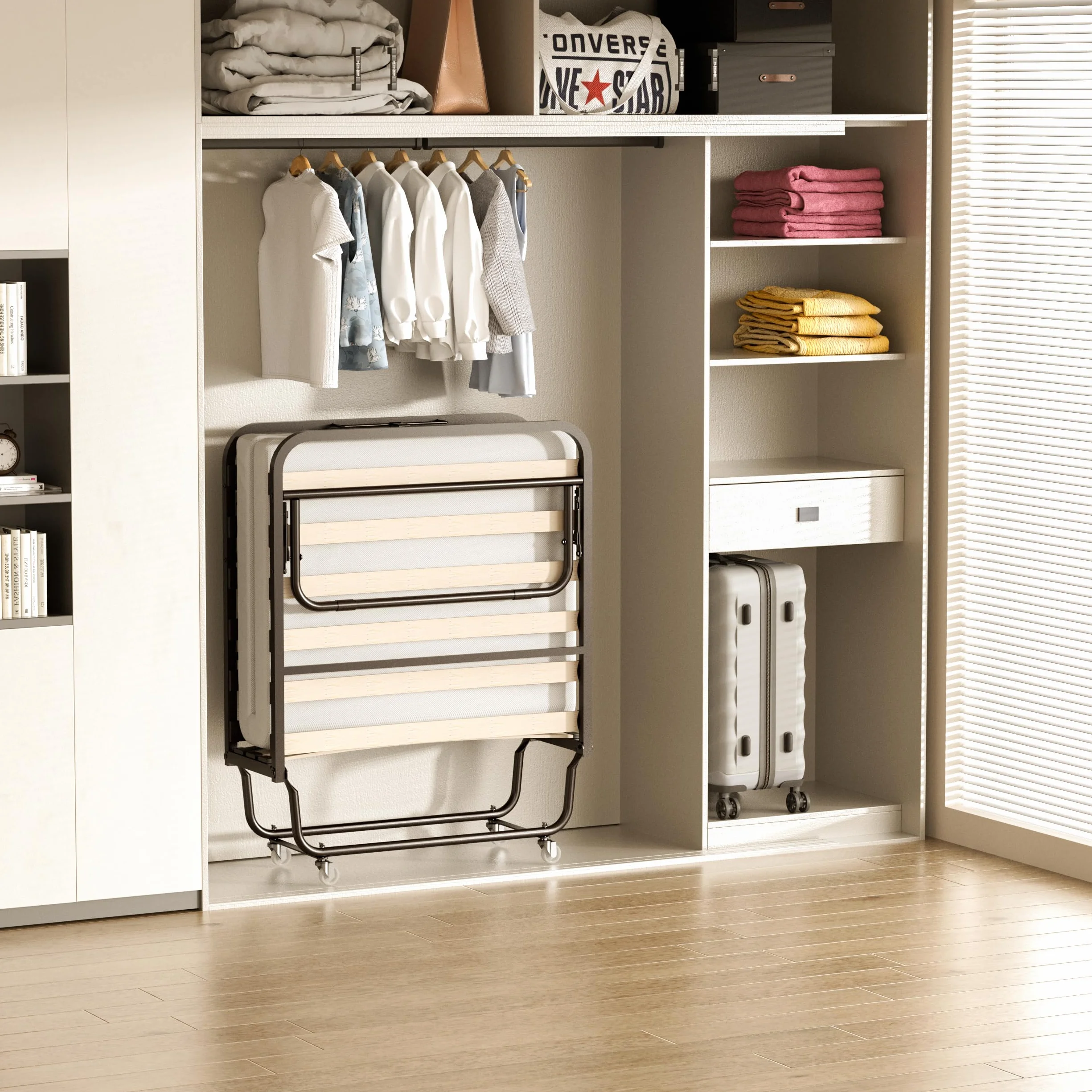 DEWINNER Cama Plegable 90x190 | Cama para 1 Persona con Colchón de 10 cm | Somier Individual de Listones de Madera de 90 x 190 | Camas Ahorra Espacio con Ruedas | Cama con Colchon Plegable