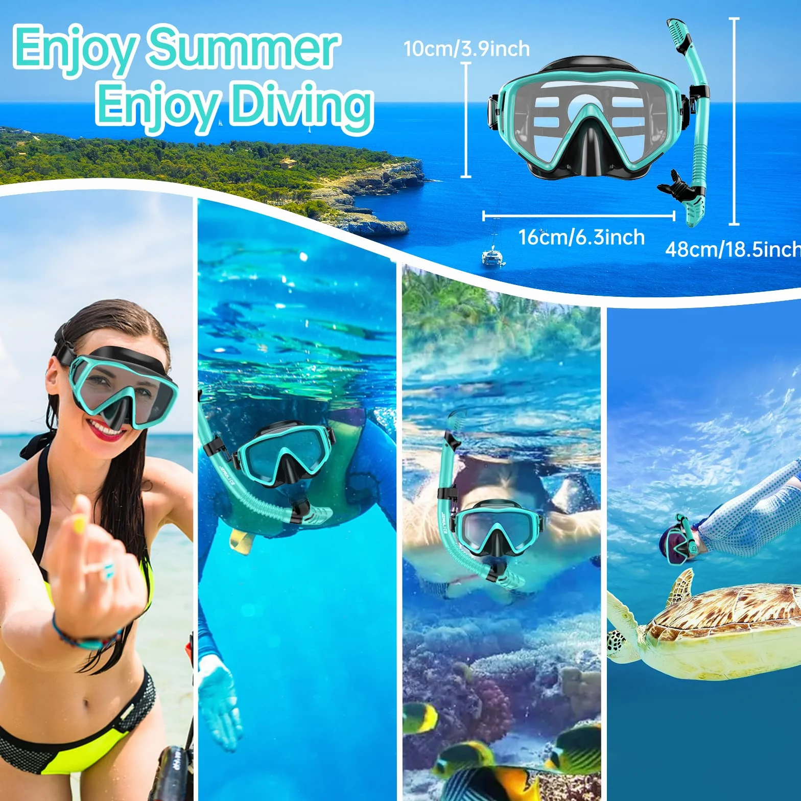 Gafas de Buceo y Tubo de Snorkel Set para Adulto, Panorámico 180° Cristal Templado Dry Top, Equipo Profesional