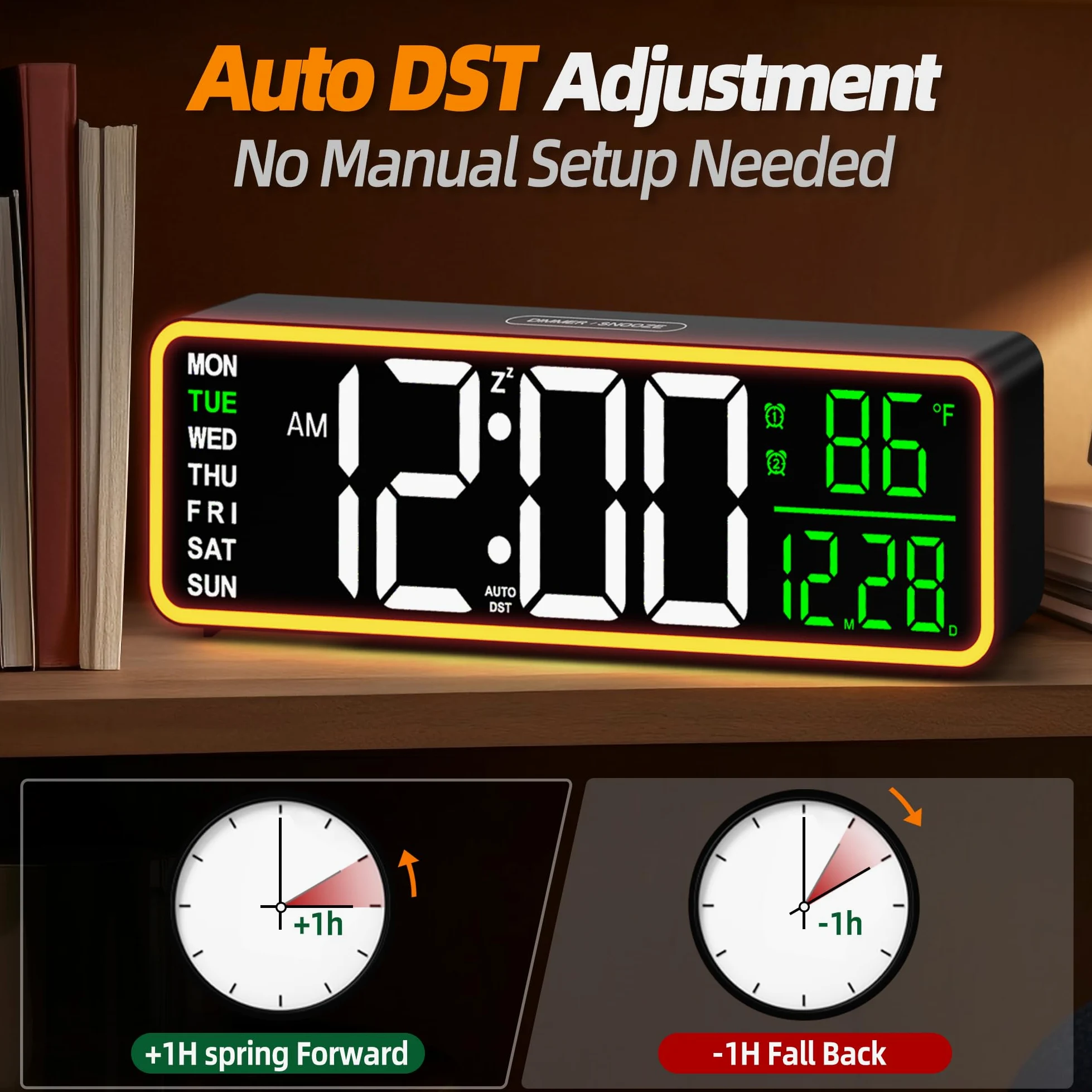 Reloj Despertador Digital 9" con Luz Nocturna, Doble Alarma, Termómetro, Pantalla LED Regulable, Día y Fecha, para Niños, Adultos, Dormitorio, Escritorio o Pared