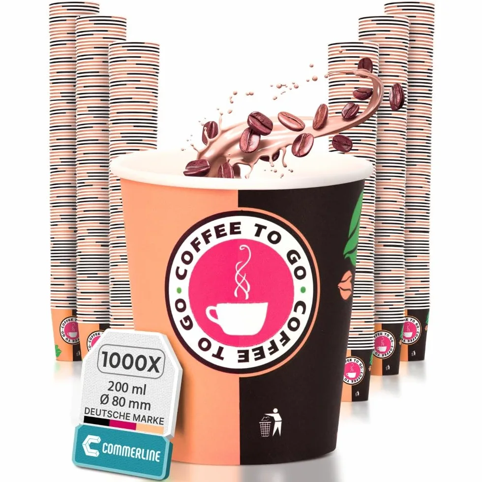 Commerline Taza de café para llevar de cartón, 500 unidades, 200 ml, vasos de papel desechables para café y té, vasos desechables para llevar, vasos de papel para bebidas calientes y frías, taza de