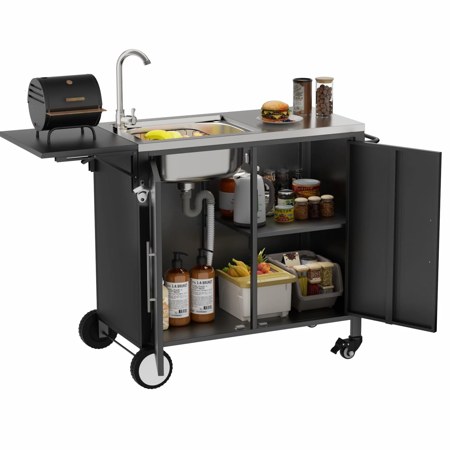 Carrito de barbacoa enrollable con fregadero y encimera plegable, isla de cocina con armario de almacenamiento de acero inoxidable 304 para jardín, terraza y césped