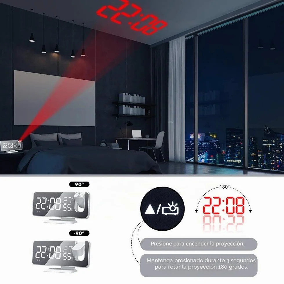 Despertador de proyección, Despertador Digital LED con Superficie de Espejo, Puerto de Carga USB, repetición, Doble Alarma, Radio FM, Modo de 3 atenuaciones, Humedad de Temperatura, Ajuste