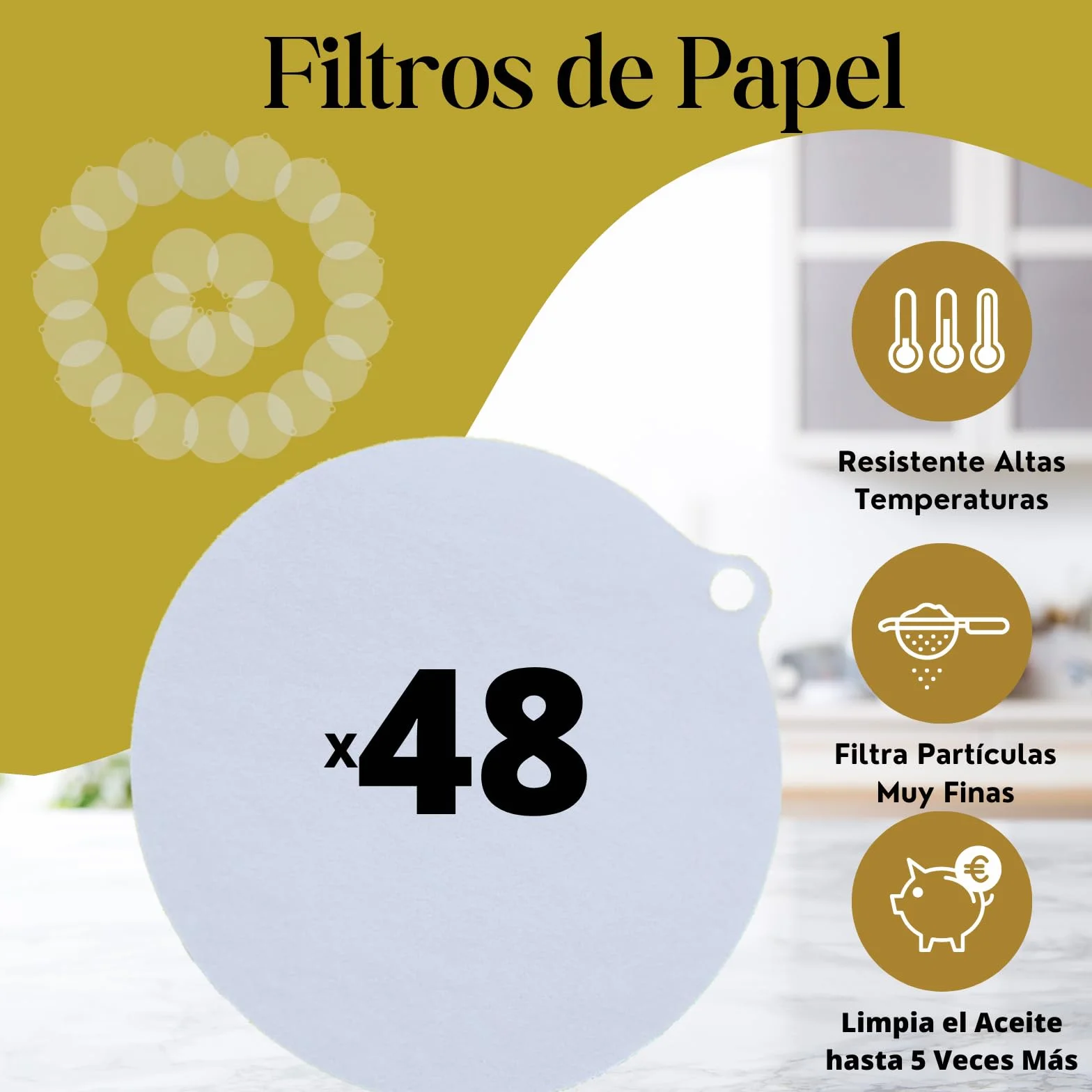 Filtros de Papel Aceite Cocina. PACK con 48 Coladores Aceite Usado de 8.5cm, Ideal para Aceiteras y Graseras, Filtro Escurridor Aceite Usado