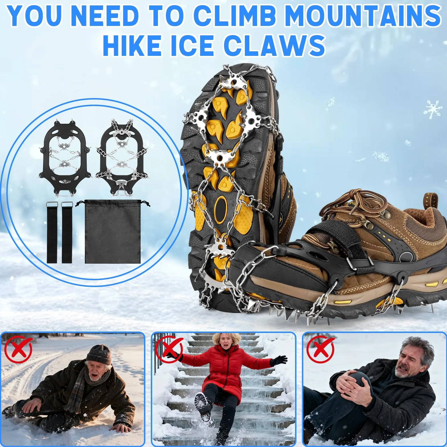 Crampones 24 Dientes Antideslizantes Tracción Nieve para Botas Senderismo Escalada Pesca Montañismo