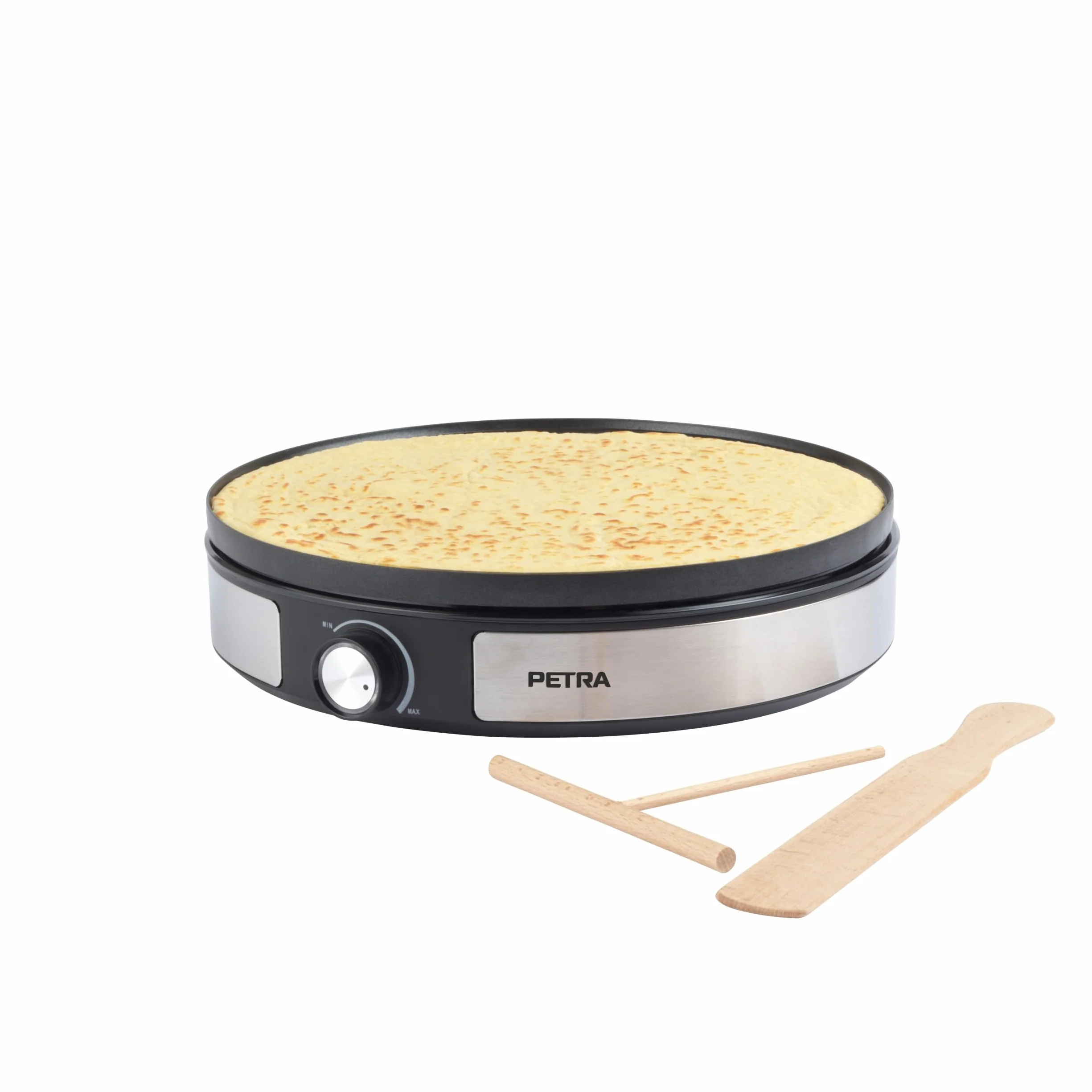 Petra 2 en 1 Crepera – Máquina para Panqueques, Haga 1 Crepe Grande o 7 Mini Panqueques, Plato de 33 cm, Antiadherente, Herramienta para Crepes de Madera y Espátula Incluida, 1500W, PT6225VDE