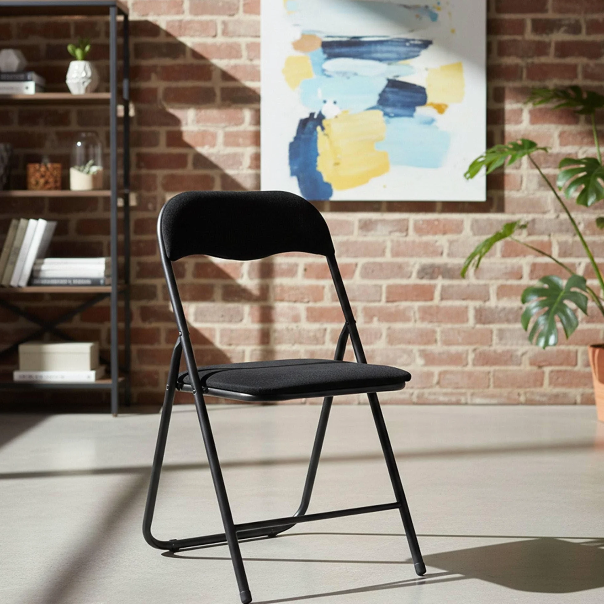 Well Home Silla Plegable Terciopelo Asiento 40x38cm, Acolchada, Estructura metálica, Negra
