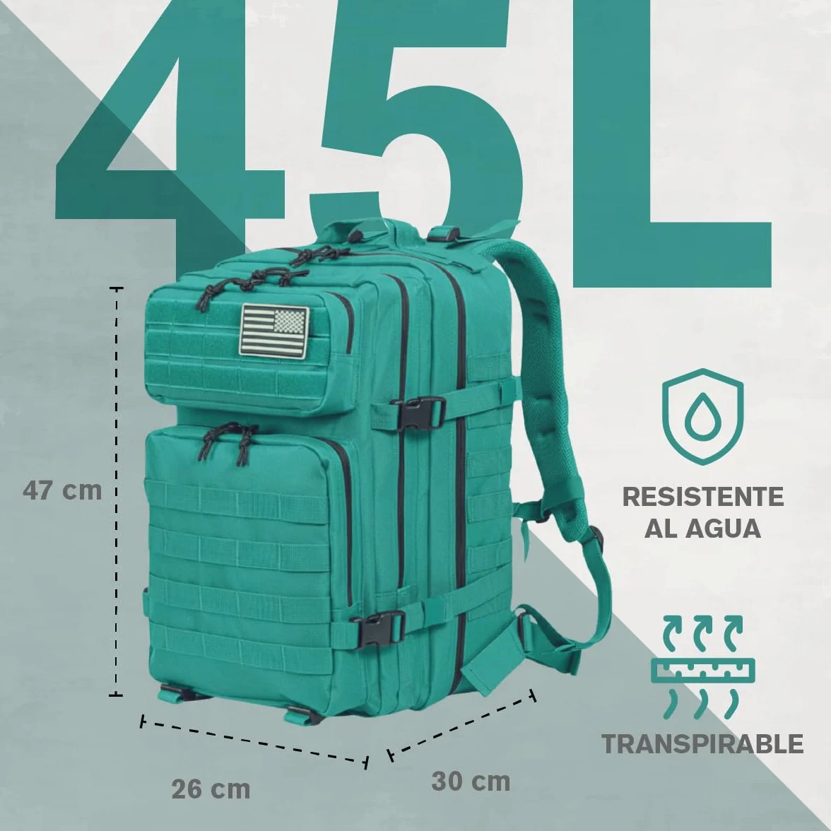 Mochila Crossfit Hombre 45L Táctica Militar Impermeable MOLLE MINT BLUE