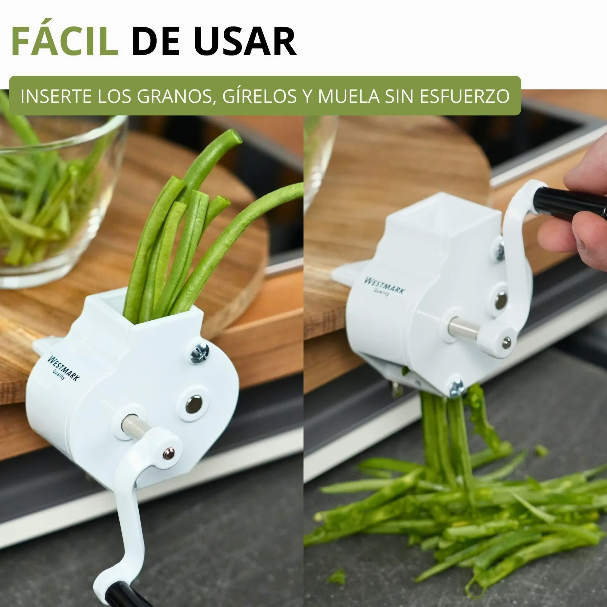 Westmark Mandolina para judías con gran abertura de corte y abrazadera de tornillo para el montaje en la mesa, Cuchillas de acero inoxidable/carcasa de acero, Blanco, 11862260