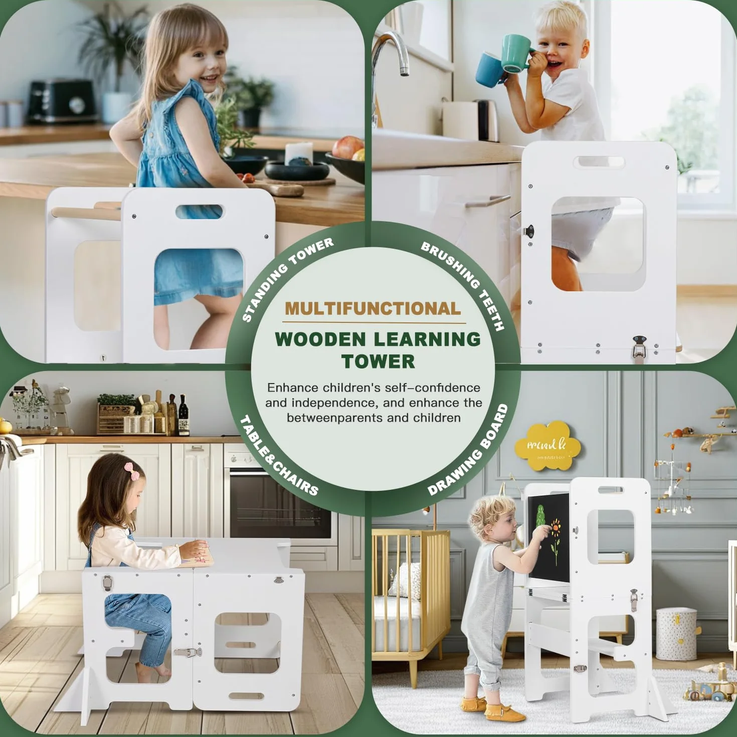 Labebe Torre de Aprendizaje Montessori 3 en 1 Plegable Madera con Pizarra Negra Escritorio Infantil Blanco