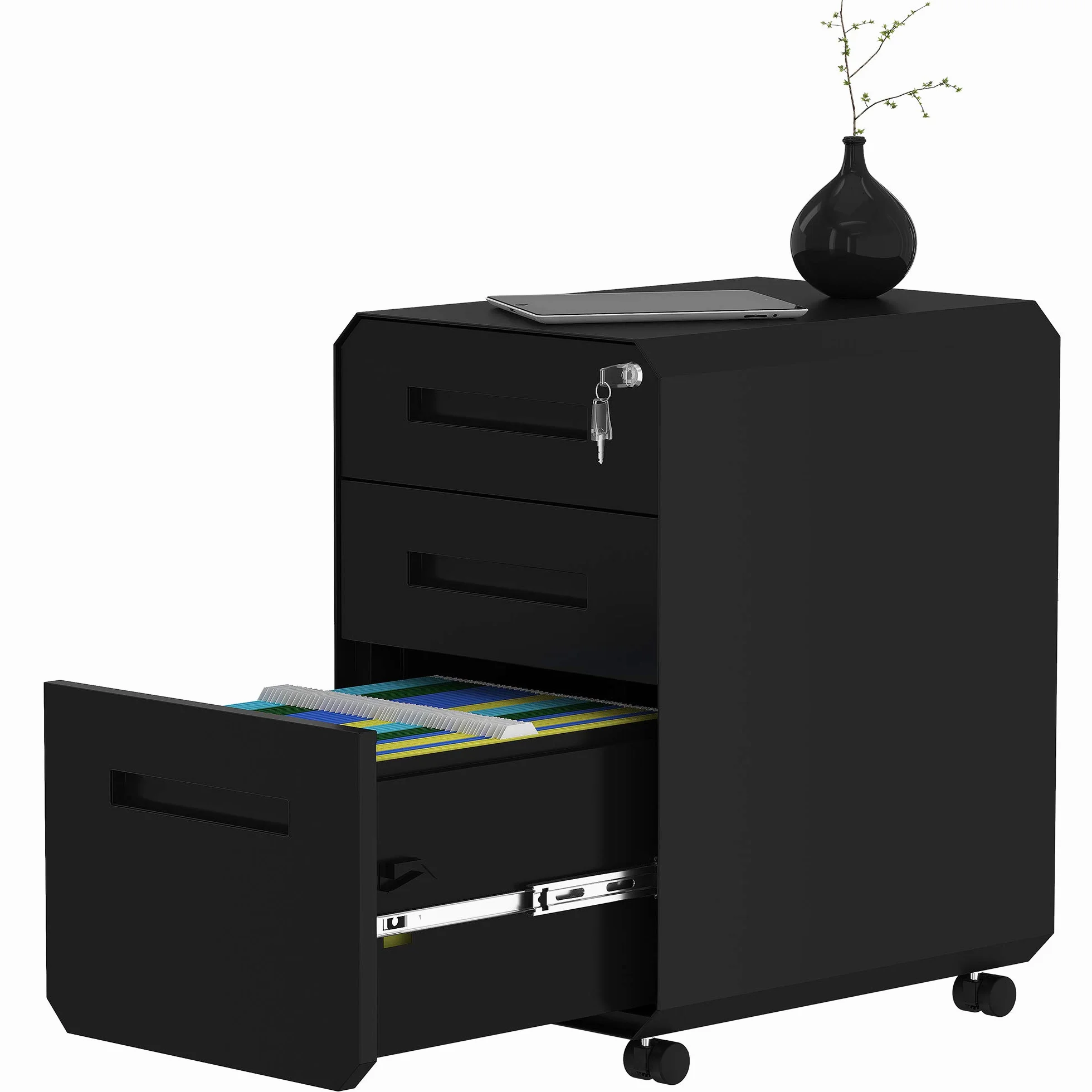 YITAHOME Armario Archivador con 3 Cajones, Cajonera de Oficina Móvil con Ruedas, Metalico Mueble Oficina Archivador con Cerradura y Llave para Carta/A4, Negro, 51 x 40 x 64cm