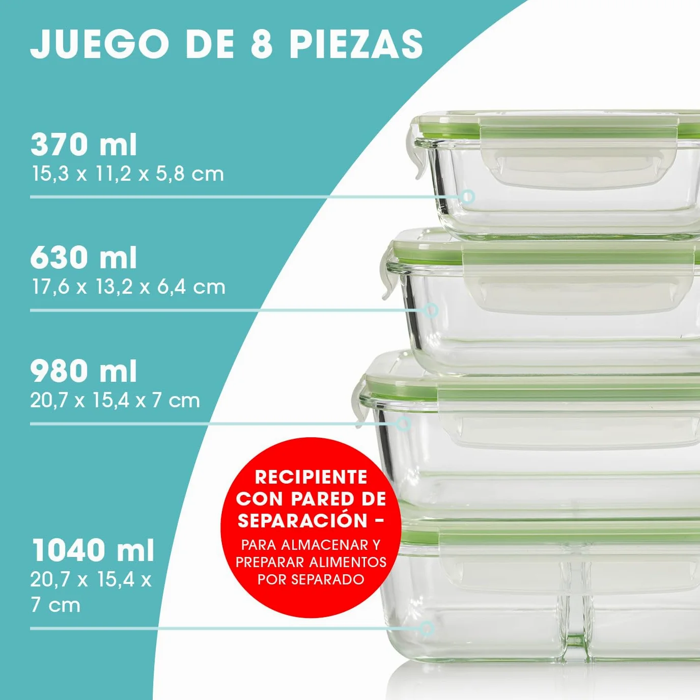 GOURMETmaxx Juego de 4 recipientes de vidrio herméticos | Aptos para el lavavajillas, el microondas y el congelador | Tapa con junta de silicona y cierre de 4 clics | Verde lima