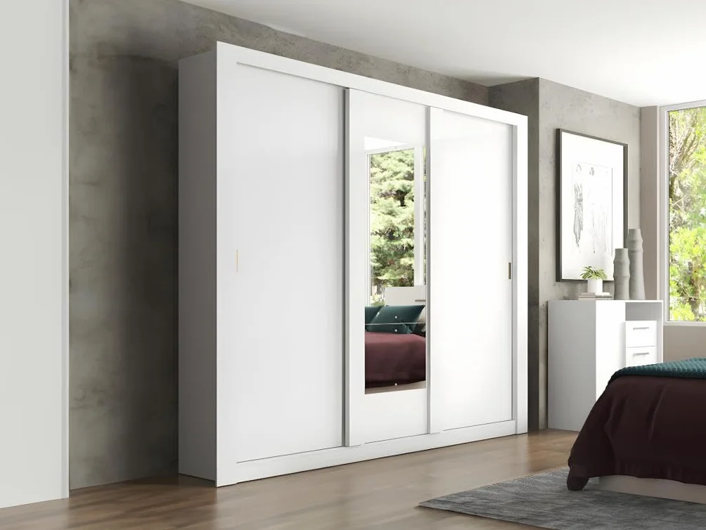 Vente-unique Armario con Espejo Roxane ñ 3 Puertas correderas ñ L. 220 cm ñ Blanco