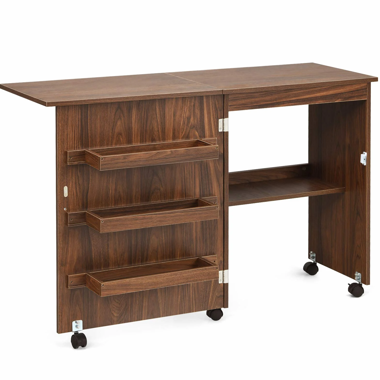 GOPLUS Mueble para Máquina de Coser, Mesa Plegable de Costura con 5 Ruedas y 4 Estantes, Armario Organizador de Costura y Manualidades, Escritorio de Costura para Hogar, Estudio (Marrón Oscuro)