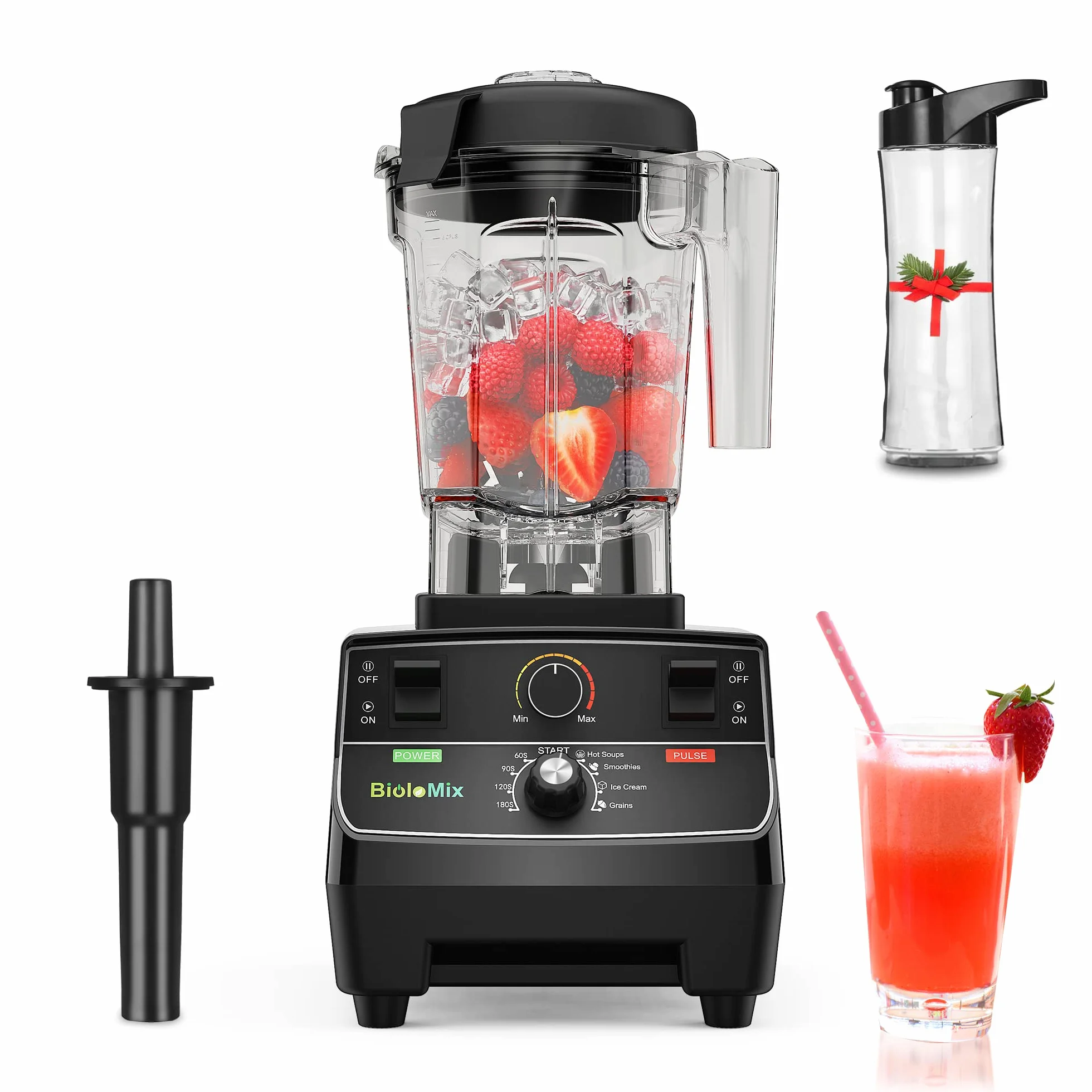 BioloMix Batidora de alto rendimiento de 2200W, | Función de autolimpieza, recipiente de 2 L y vaso de viaje de 600 ml, sin BPA