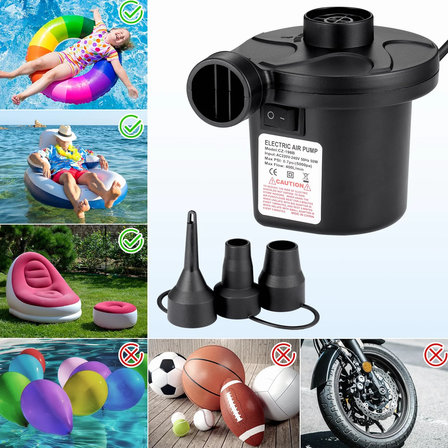 JIZZU Inflador Eléctrico Portátil 2 en 1 con 3 Boquillas para Colchones Hinchables