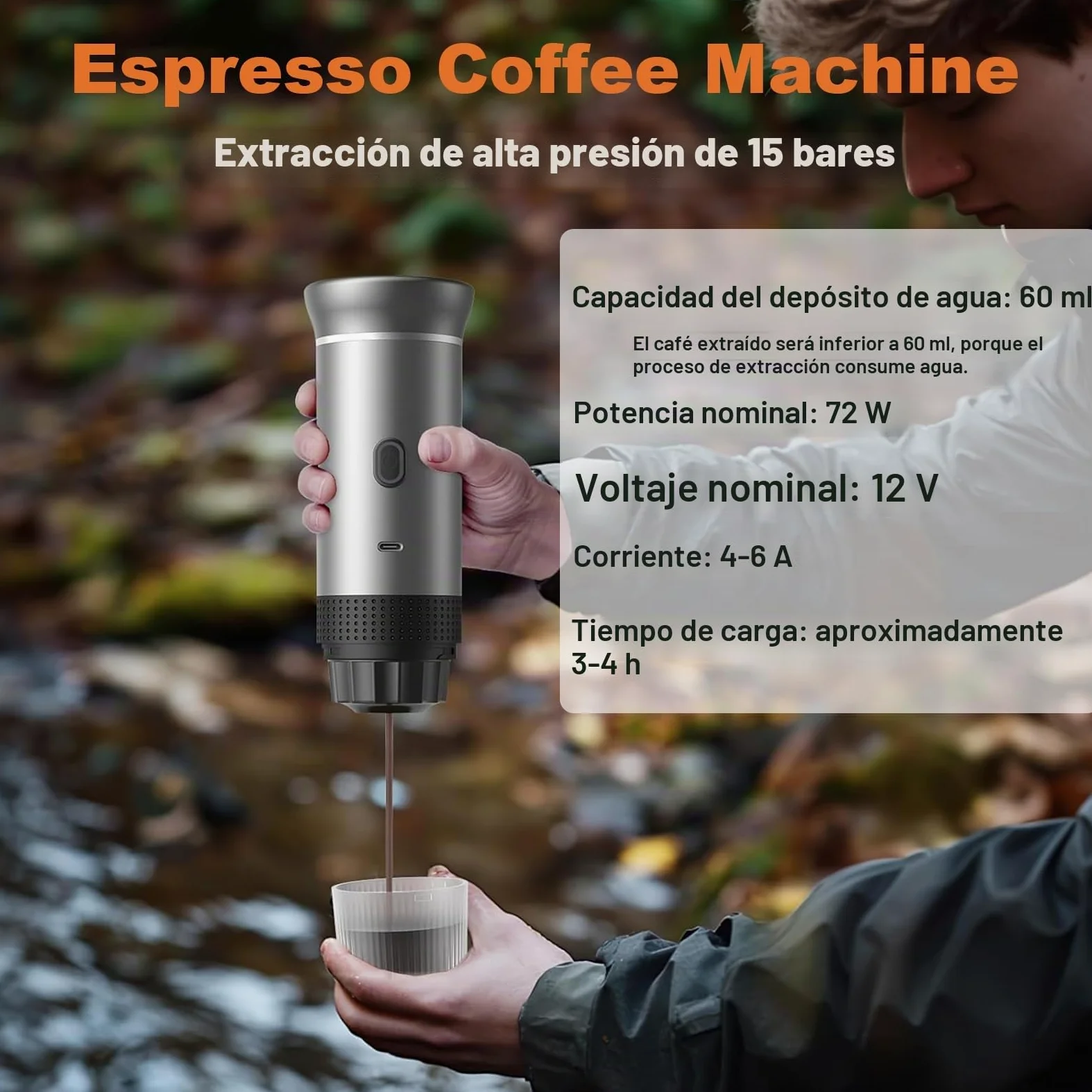 Máquina de café expreso portátil,Cafetera Cápsula de Espresso 3 en 1 | 15 bar,7500mAh,Autocalentamiento,compatible con cápsulas Nes y DG y café molido,para Oficina Viaje Camping(con bolsa)