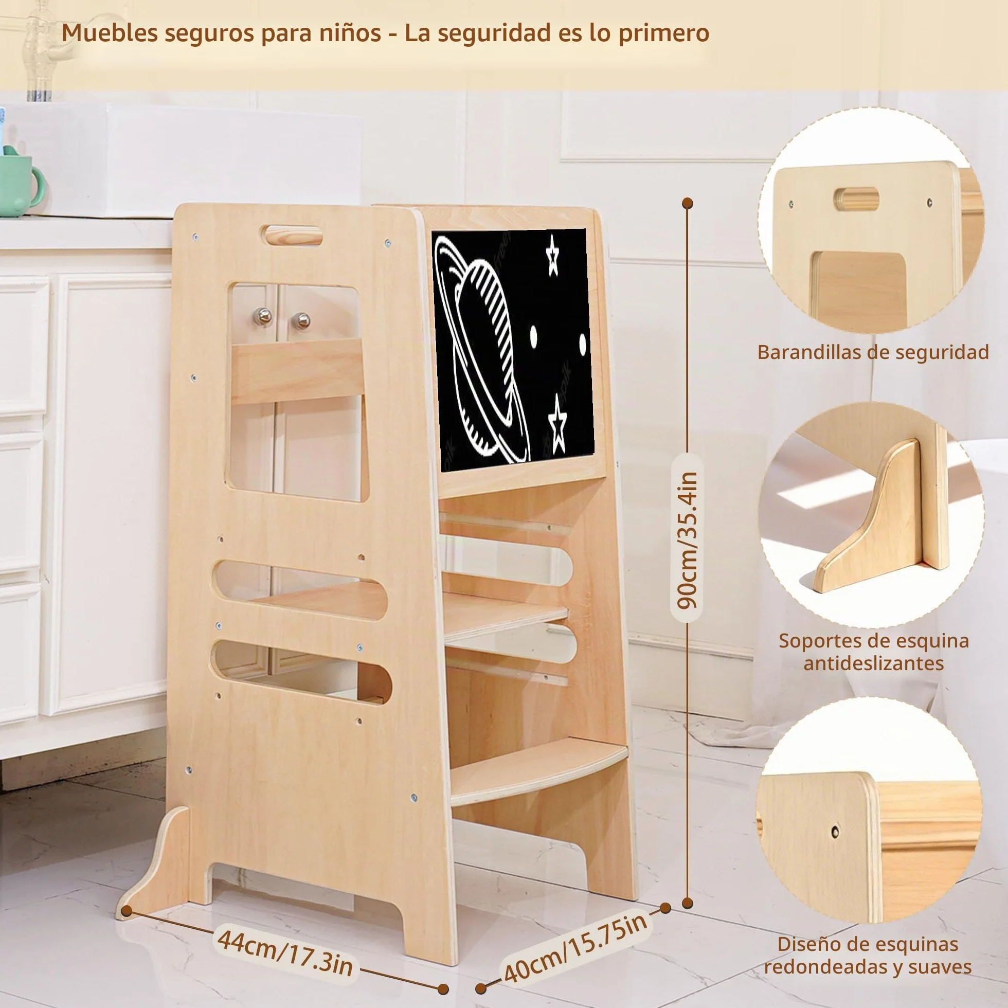 Torre de Aprendizaje Montessori de Madera para Niños, Taburete de Cocina Regulable 1-5 Años con Barra de Seguridad