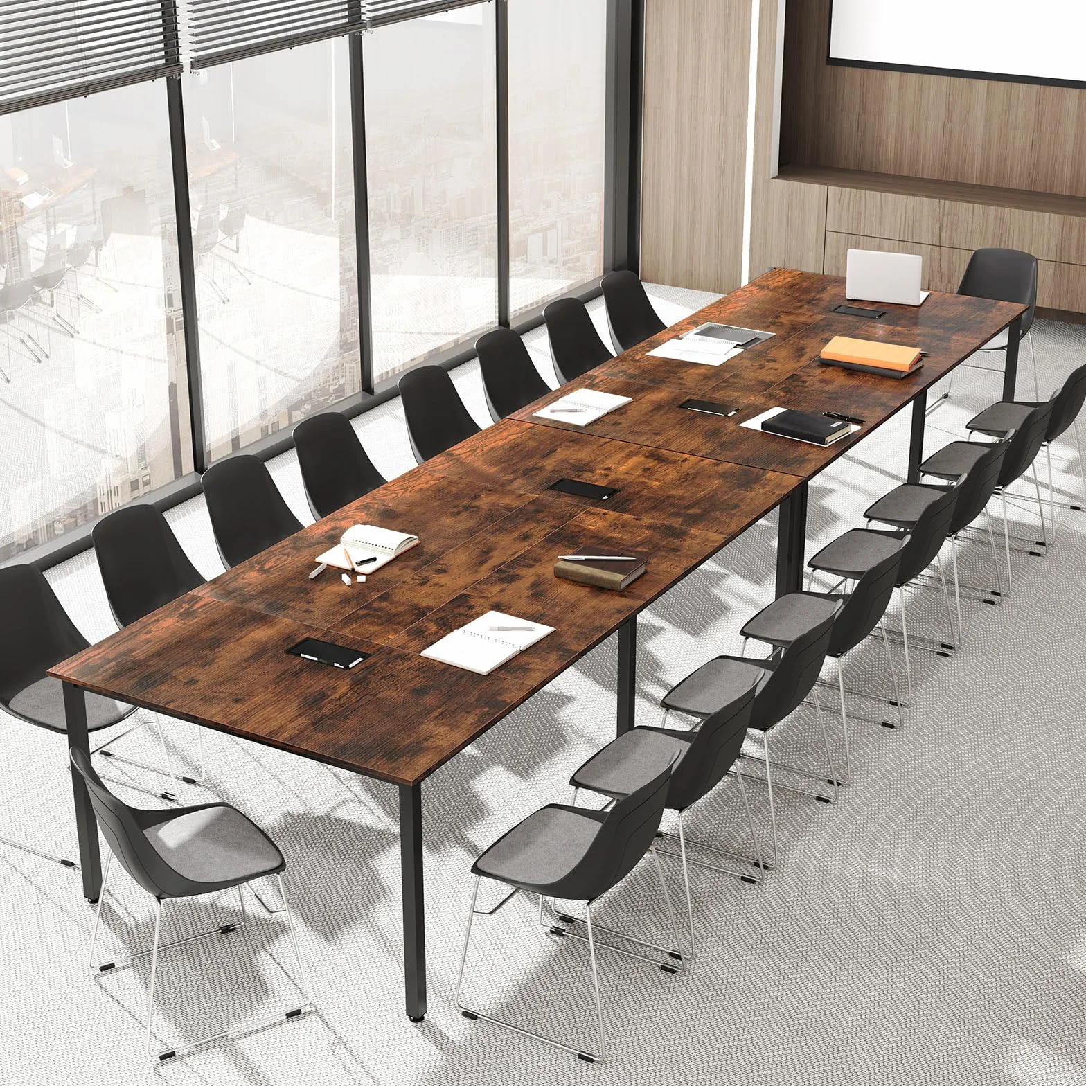 COSTWAY Mesa de Reunión 240 x 120 cm, Mesa Grande de para 10 Personas, Escritorio Rectangular con 2 Pasacables, Oficina, Sala de Juntas, Marrón Rústico