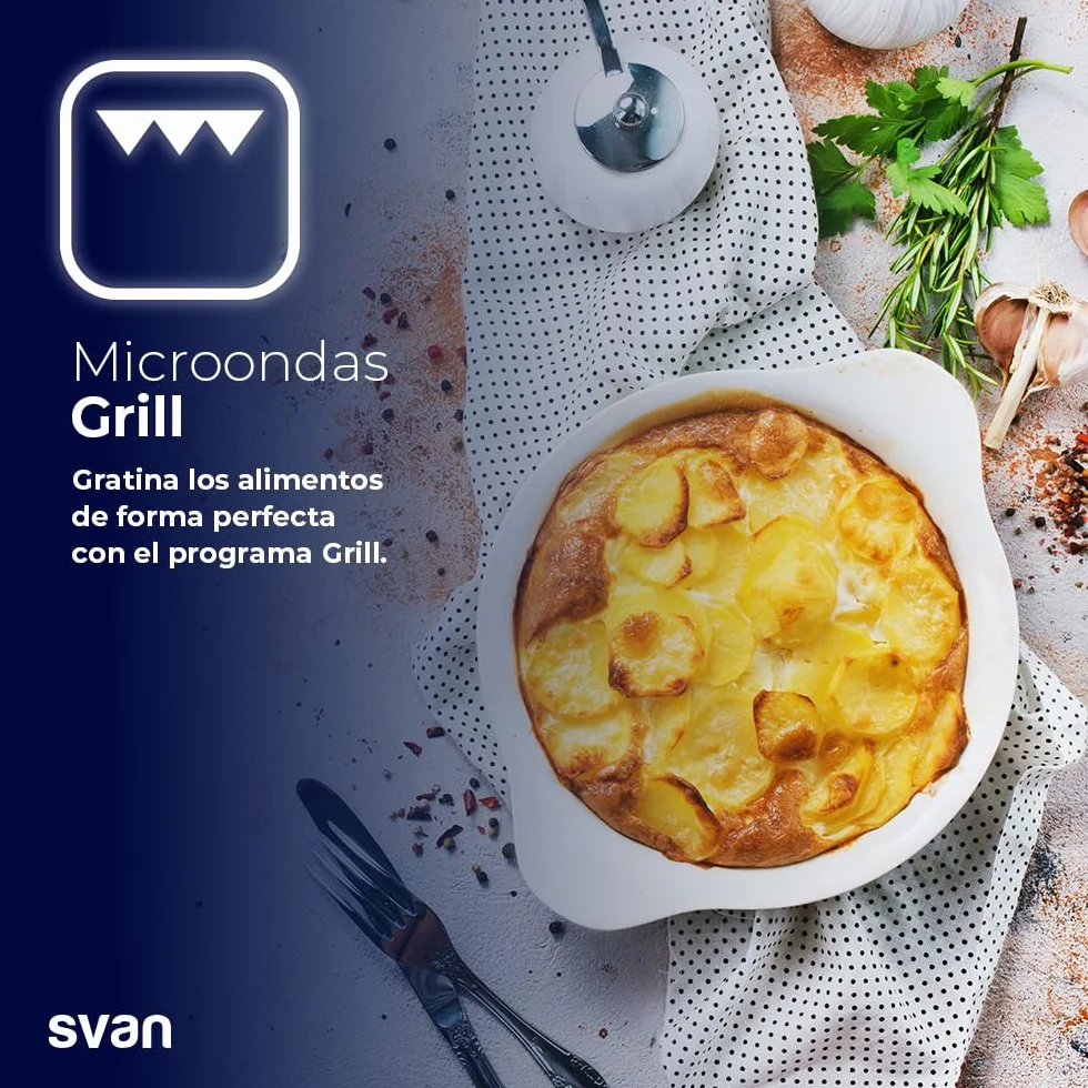Svan Microondas 20 Litros con Grill Inox SMW2700DGX. 700W, Grill 1000W, 8 Programas, Modo Descongelación, Revestimiento Interior, Fácil Limpieza, Temporizador 95min.