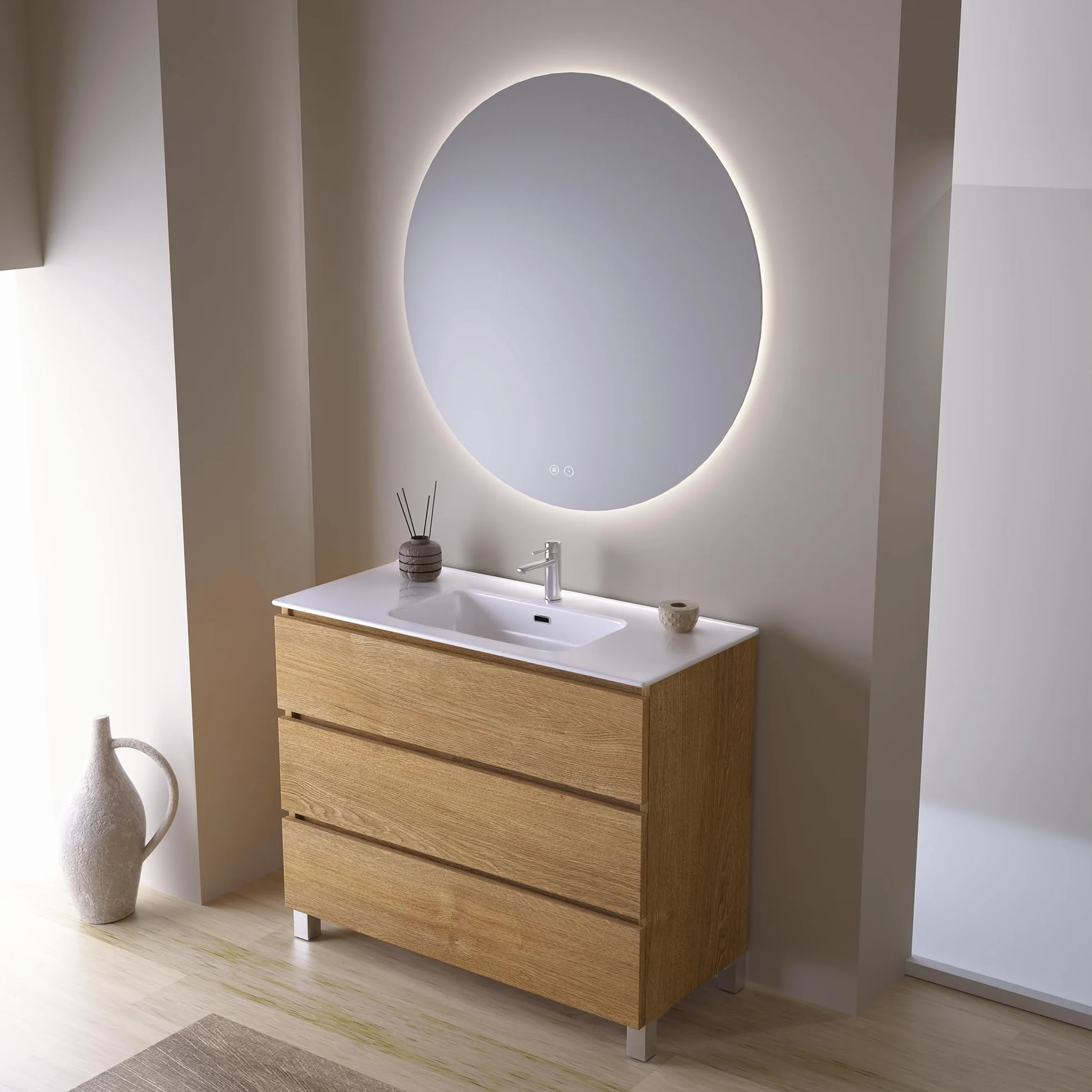 Mueble de Baño 100 cm Madera con Encimera Cerámica y Espejo Redondo LED Antivaho, 3 Cajones, Lavabo Incluido, Luz Regulable, Gran Almacenaje