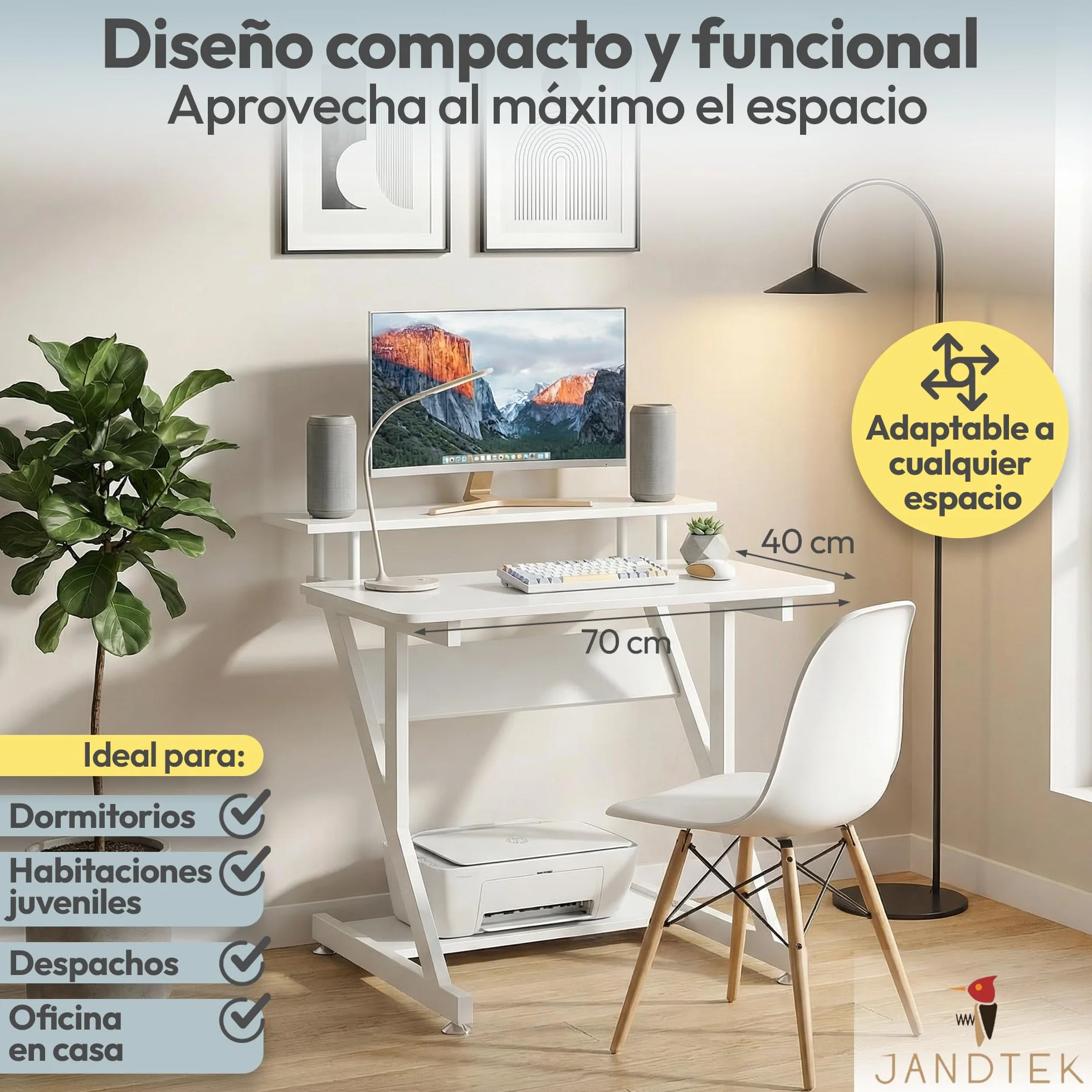 Escritorio Pequeño con Estante Superior 70 x 40 cm, Mesa Escritorio Blanca o Roble para Ordenador, Mesa de Trabajo Compacta para Estudio, Oficina y Habitación (Blanco)