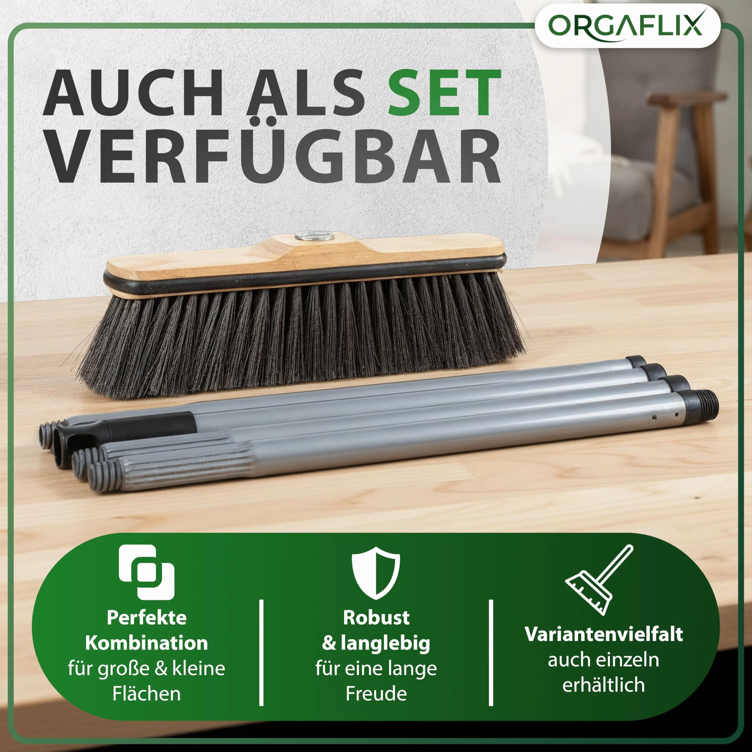 ORGAFLIX Escoba premium sin mango de crin con protección de bordes, 28 cm, extra resistente al polvo gracias a la mezcla de crins de, escoba de habitación