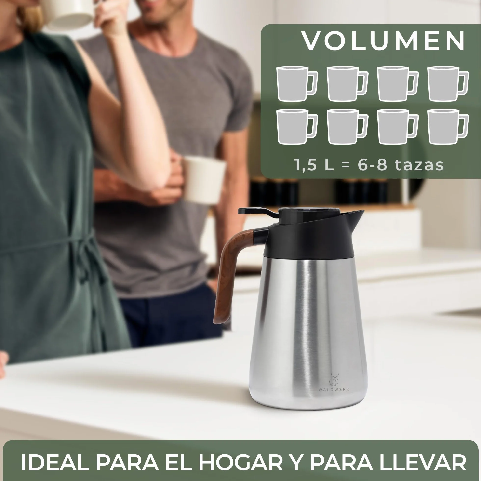 WALDWERK Jarra Termo (1,5 L) – Termos de café de acero inoxidable 304 de doble pared – Termo agua caliente con vertido antigoteo – Jarra termica para café