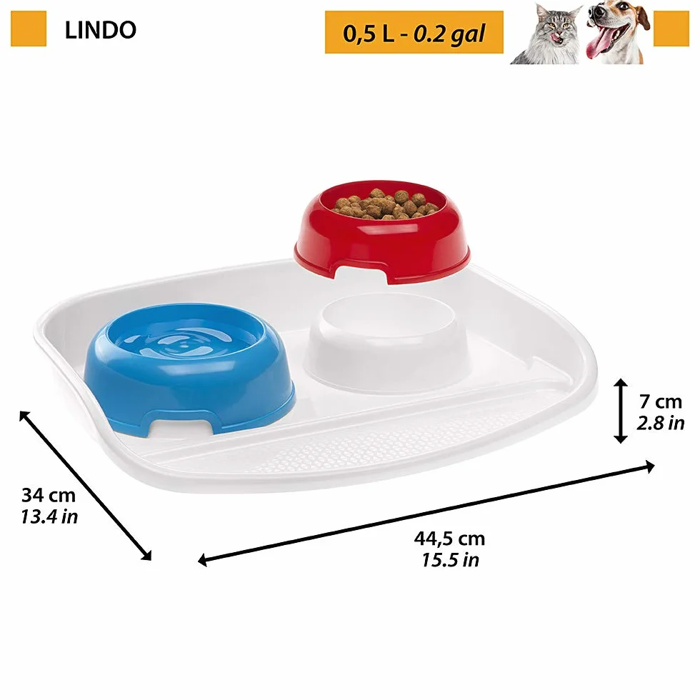 Ferplast Bandeja con Cuencos para Perros y Gatos Lindo Doble comedero para Animales, Base de plástico Resistente, Pies Antideslizantes, Dos Cuencos de 0,6 l incluidos, 44,5 x 34 x h 7 cm Rojo
