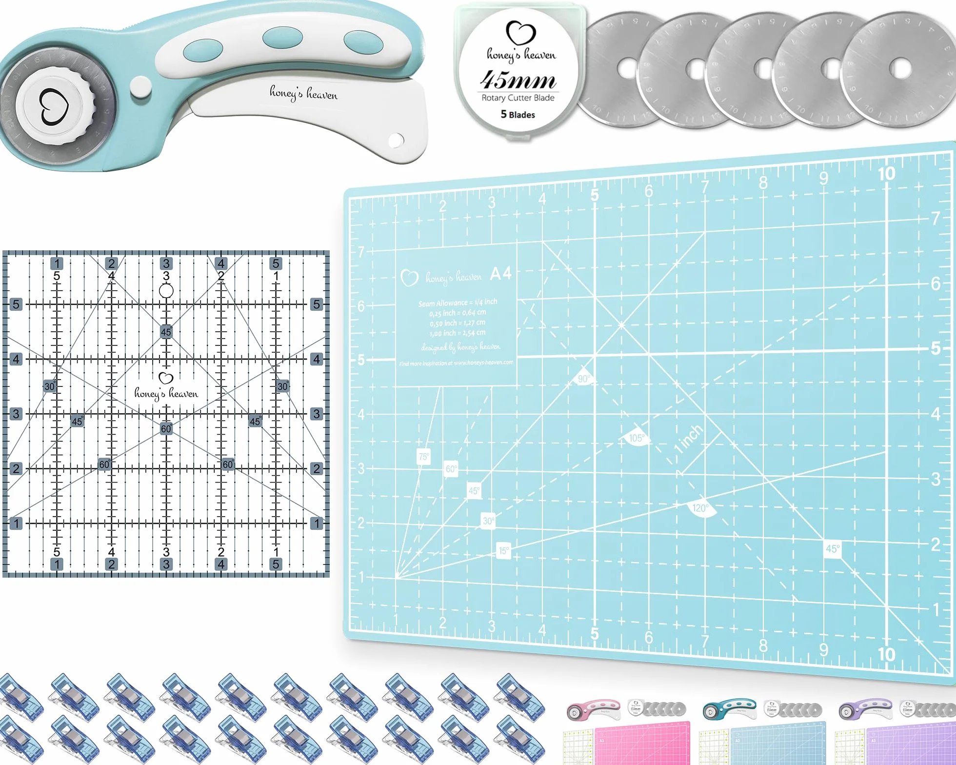 Juego de cortadores giratorios, kit de acolchado con cortador de tela de 45 mm, 5 cuchillas de repuesto, alfombrilla de corte A4, regla acrílica y clips de manualidades, ideal para manualidades,