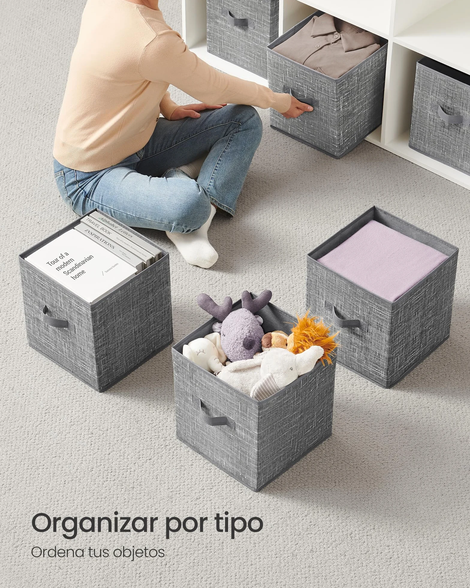 SONGMICS Cajas de Almacenaje, Juego de 8 Cajas de Almacenaje de 28 cm de Tela no Tejida, con Asas Dobles, Organizadores de Cubos, para Estantería, Plegables, para Ropa, Gris Espadaña ROB826G01
