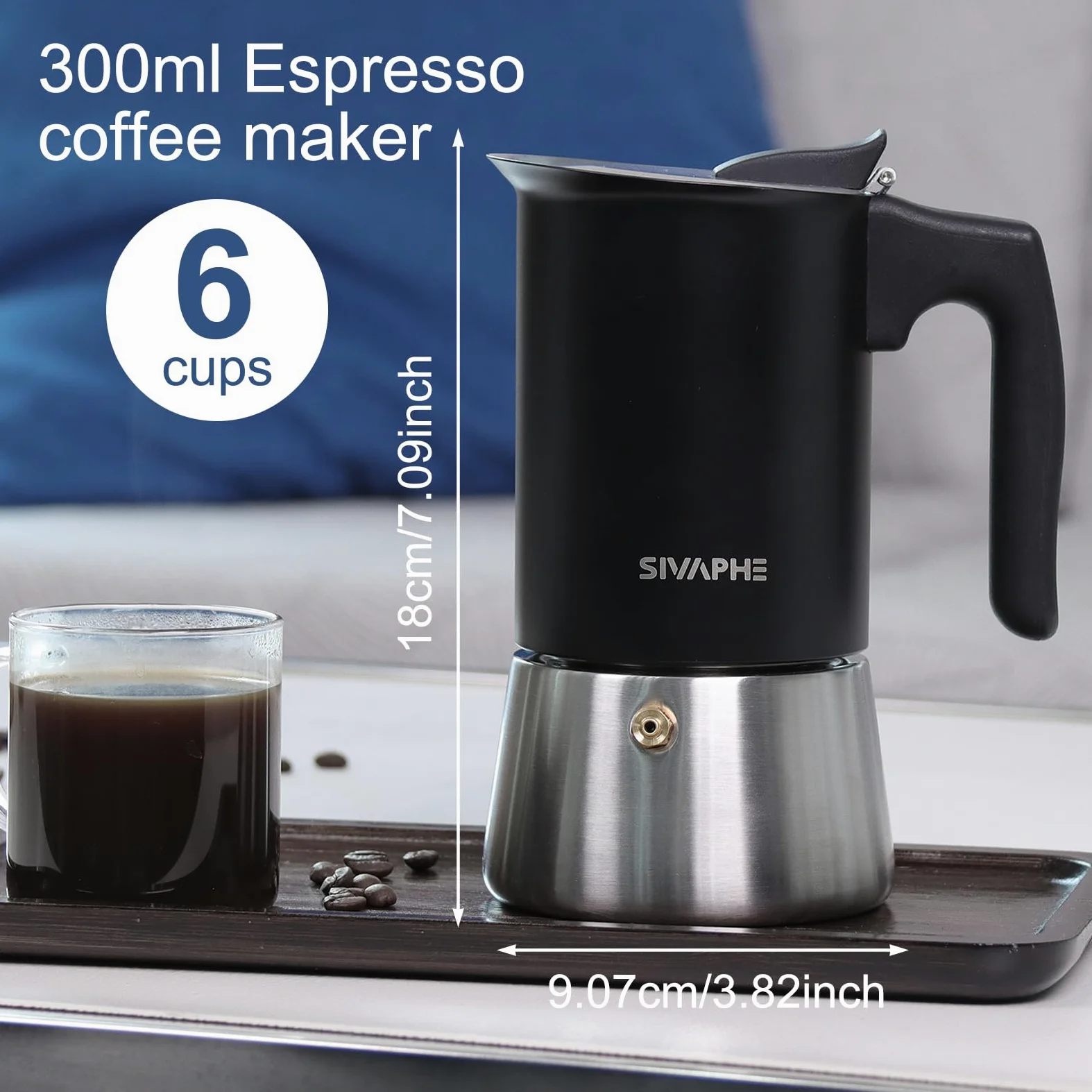 Sivaphe Cafetera de espresso de inducción, cocina de acero inoxidable, cafetera de espresso, cafetera moka, cafetera expreso sin aluminio, 6 tazas, 300 ml, color negro