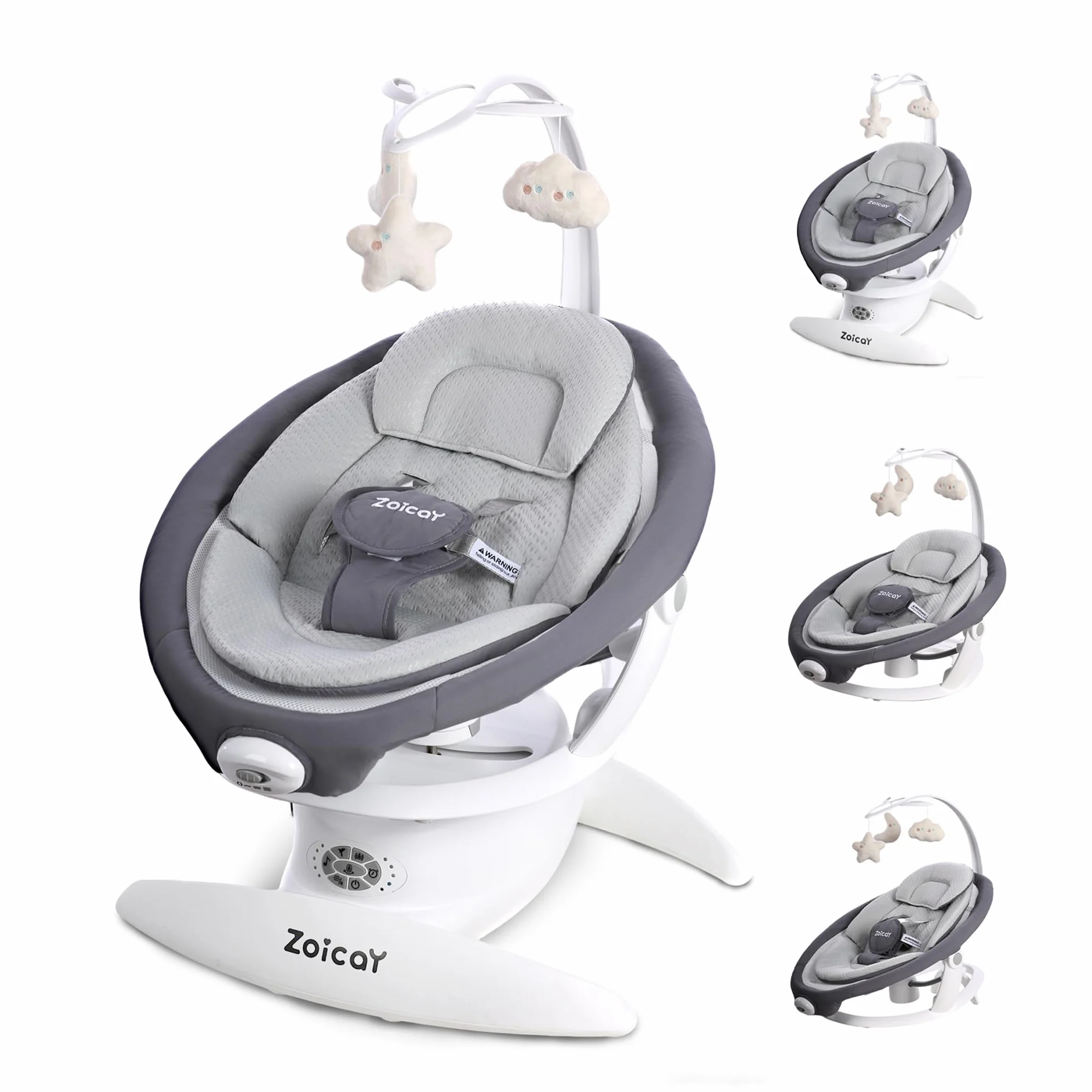 Mecedora Eléctrica para Bebé 3-en-1 Zoicay, 9 Modos, Giro 360°, Temporizador y Música, Control Remoto y Bluetooth, Gris
