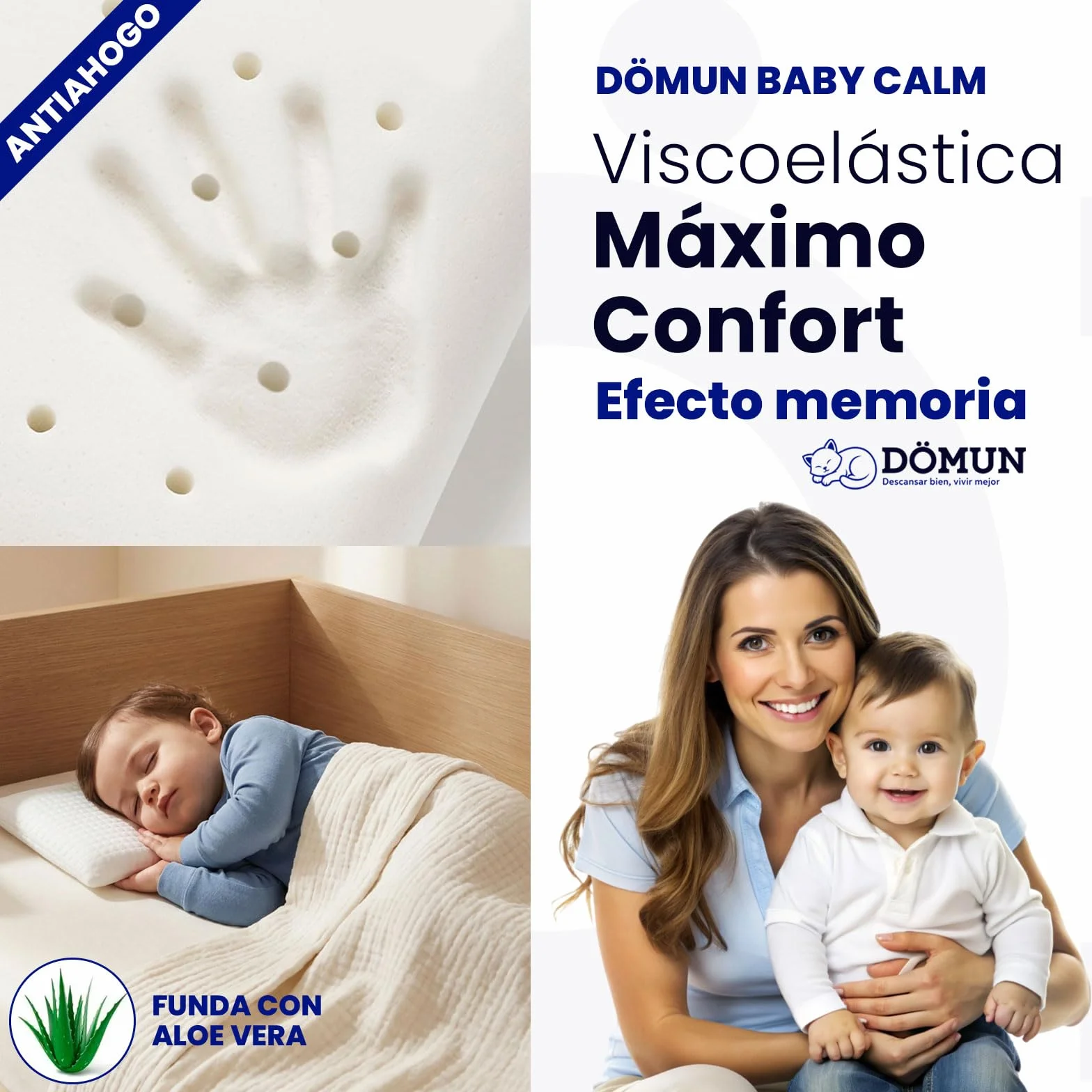 Almohada Viscoelastica Bebé DÖMUN Baby Calm, Cojin Plagiocefalia Antiahogo Antireflujo Transpirable 0-3 Años