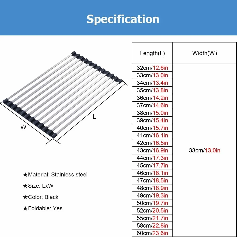 Escurridor de Platos Enrollable for Fregadero de 32 a 60 cm, de Acero Inoxidable, Plegable, Antideslizante, de Silicona, for encimera.(L 48cm/18.9in)