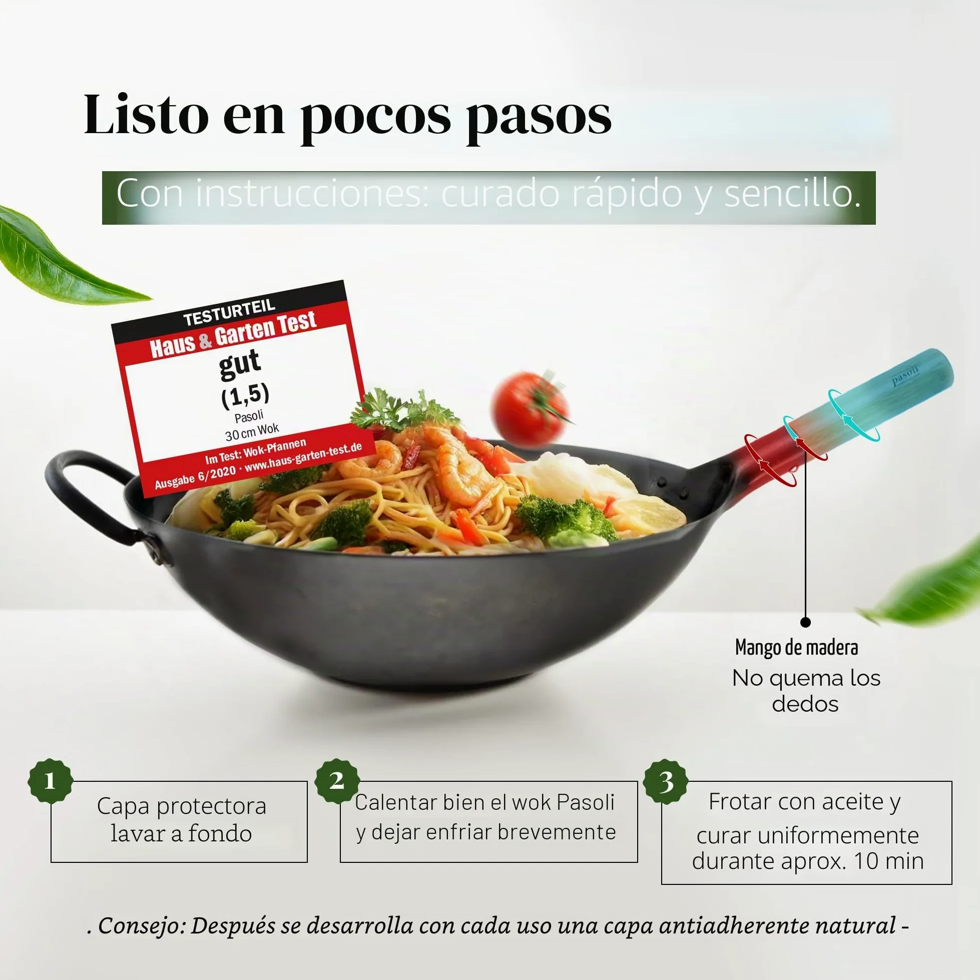pasoli Wok con Base Plana para la Cocina (también de inducción) | 30 cm de diámetro | Tradicional de Acero al Carbono Martillado a Mano, Mango de Madera | Capa Antiadherente Natural