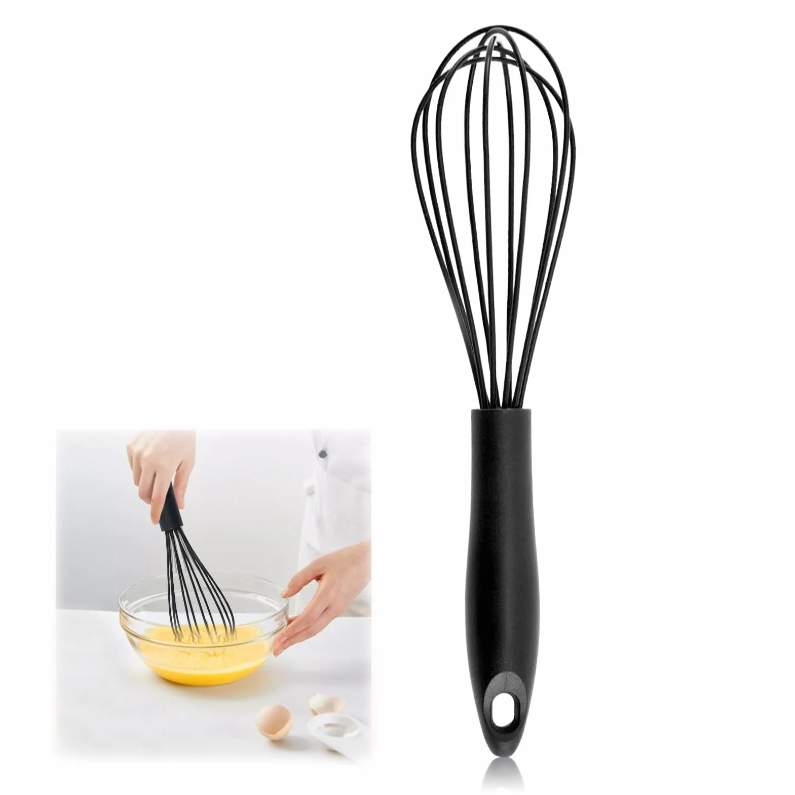 Batidor de Silicona para Cocina,Mango Cómodo y Seguro,Ideal para Batir, Mezclar y Revolver,Manual Varillas para Mezclar Batir Espumar y Revolver,Negro
