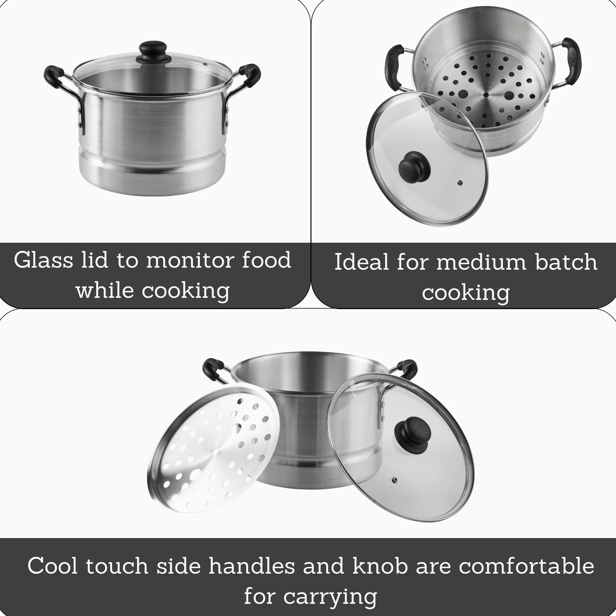 Imusa 10 Quart Aluminio Cool Touch Accesorio para cocinar al Vapor con Tapa de Cristal, Color Plateado