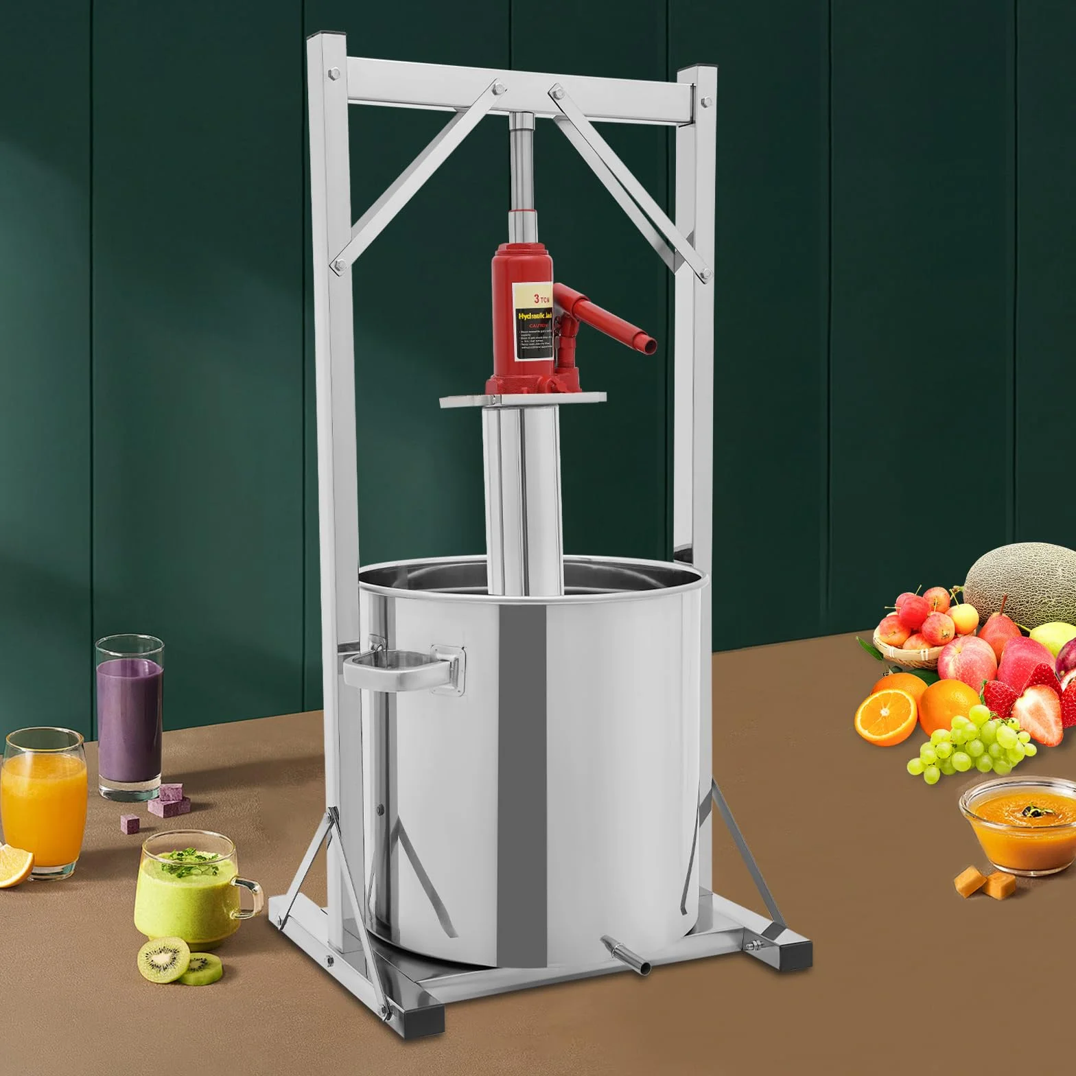 Exprimidor hidráulico de acero inoxidable 36L, 3T Frutas y Vino Prensa con Cubo de Filtro y Gato de Carro, Prensa de Frutas Manual para Vino, Verduras, Queso, Uso Hogar y Pequeñas Cervecerías
