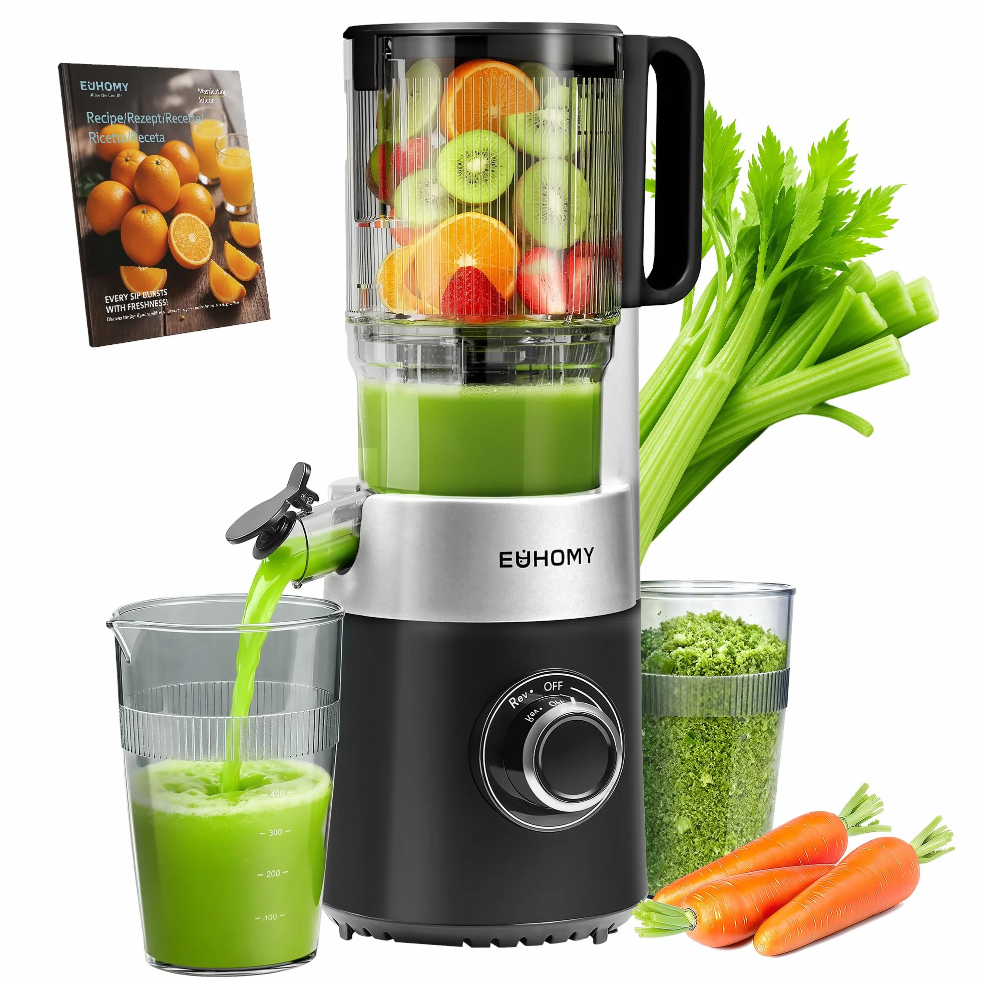 EUHOMY Máquinas de prensado en frío, línea de suministro de 135 mm y 1,8 l para frutas y verduras enteras, libera tus manos, prensa de masticación lenta de 220 W con taladro: