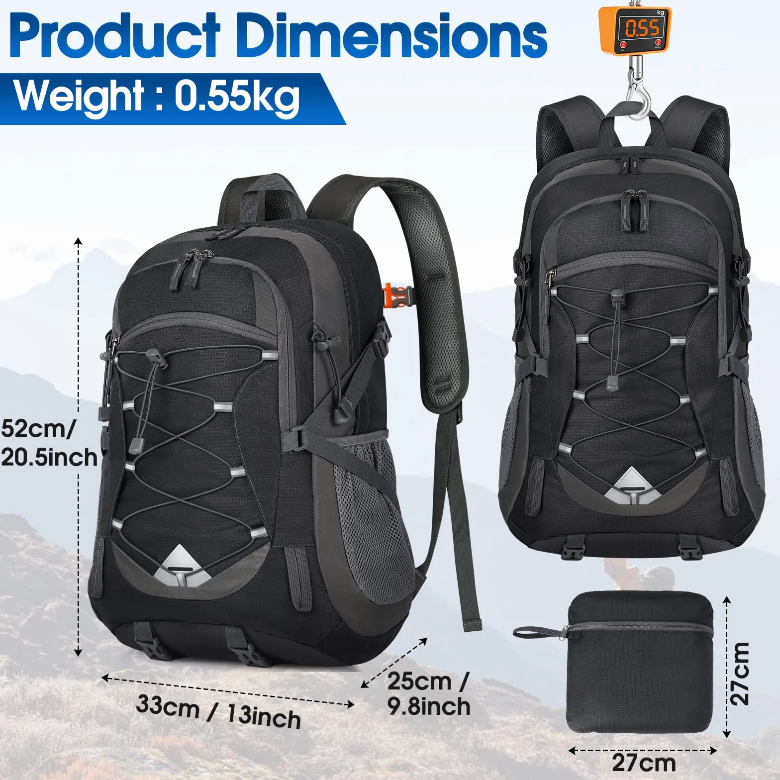 Mochila de Senderismo 40L Ultraligera Plegable para Camping Viajes, Negra