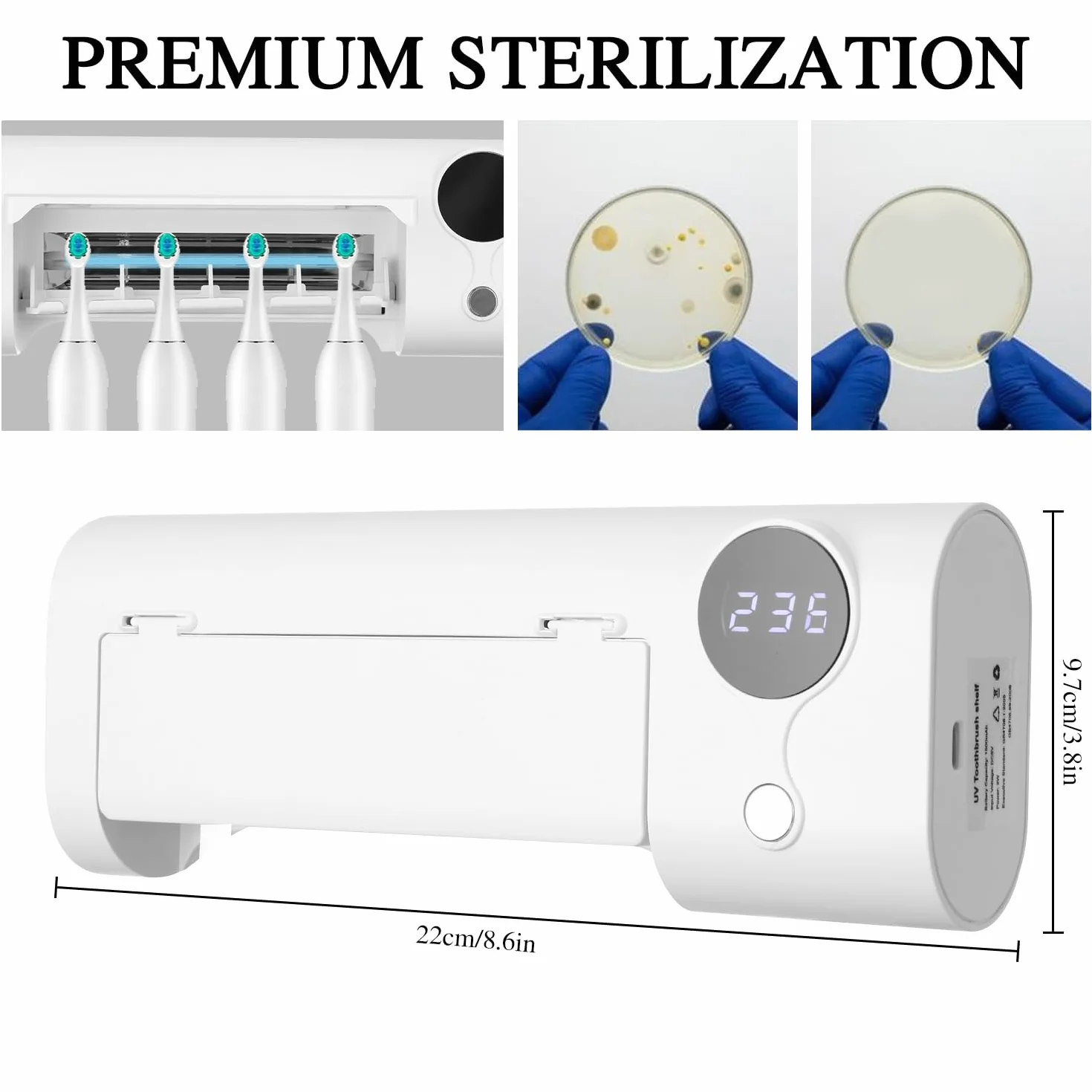 Soporte Cepillo de Dientes Eléctrico, Esterilizador Cepillo Dientes UV, Soporte Cepillo de Dientes Pared, Desinfectante Cepillo Dientes, Inalámbrico y Recargable USB, Organizador Baño sin Taladro