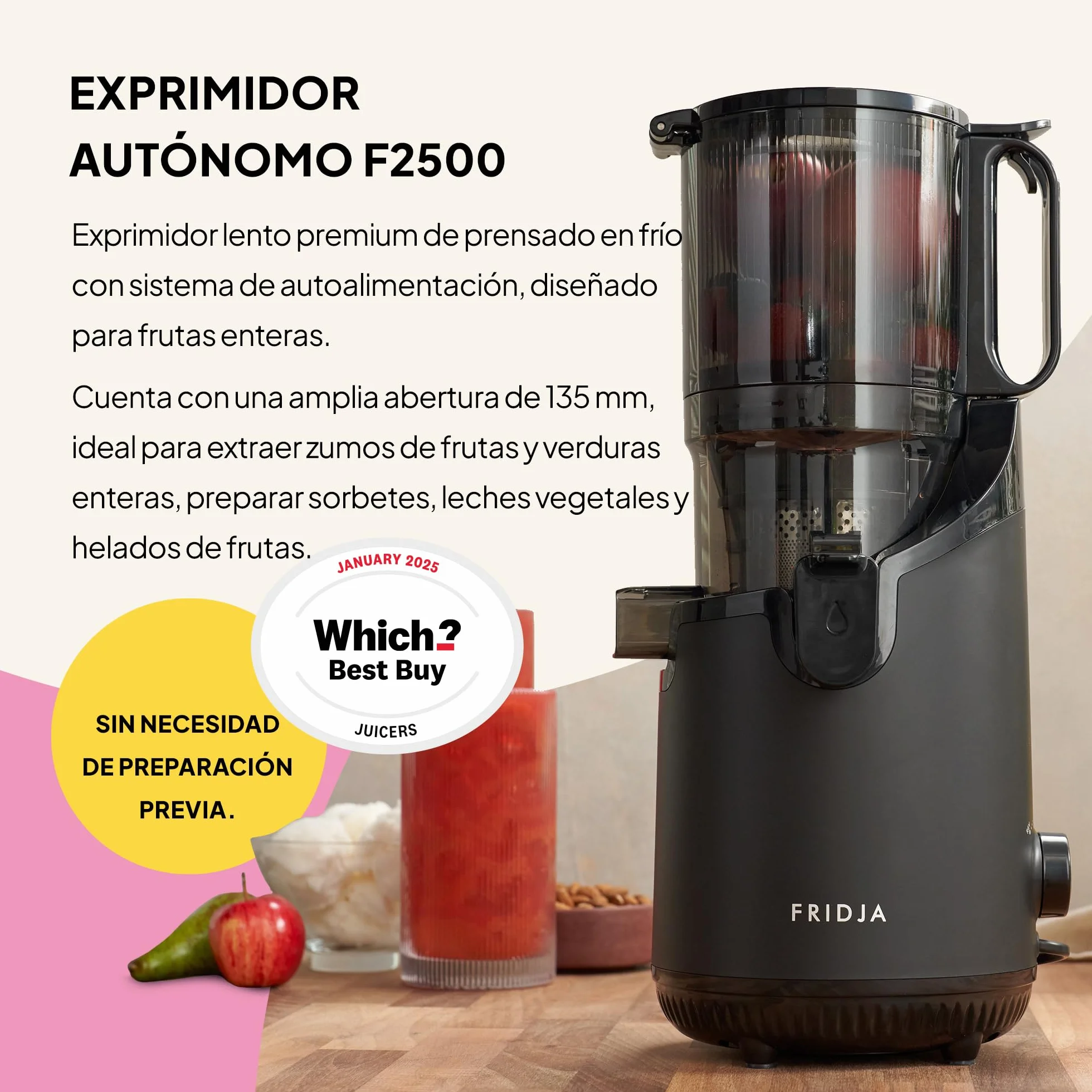 Fridja f2500 Exprimidor Automático de Fruta Entera | Boca de Entrada 135mm | Extractor de Zumo por Prensa Fría 250W | Alto Rendimiento | Fácil Limpieza | Sin BPA | Negro Mate [Clase Energética A++]