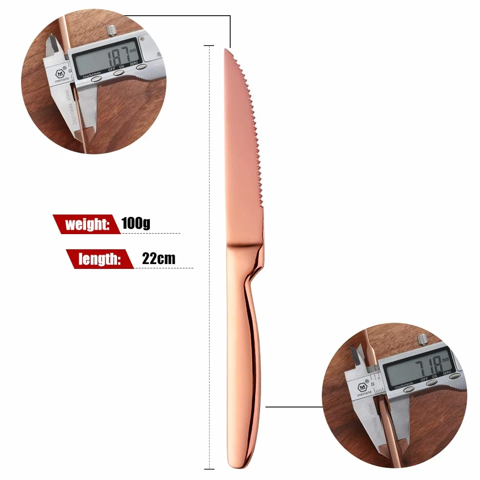 Bisda Juego de 6 Cuchillos de Carne Oro Rosa serrado Steak Knives Acero Inoxidable Sierra Cuchillo para Carne 22cm de Largo Cuchillos de Mesa Cuchillos de Cocina lavavajillas Seguro