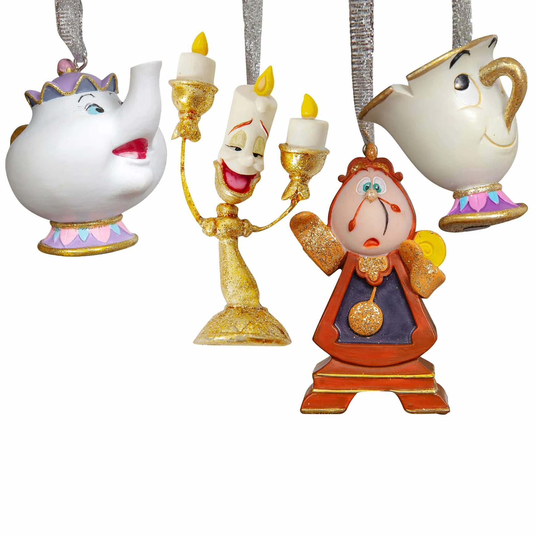 Disney – Juego de 4 adornos colgantes de resina de La Bella y la Bestia – Cogsworth, Chip, Lumiere & Mrs Potts – Adornos de árbol de Navidad con purpurina – Regalo con licencia y artículos para el