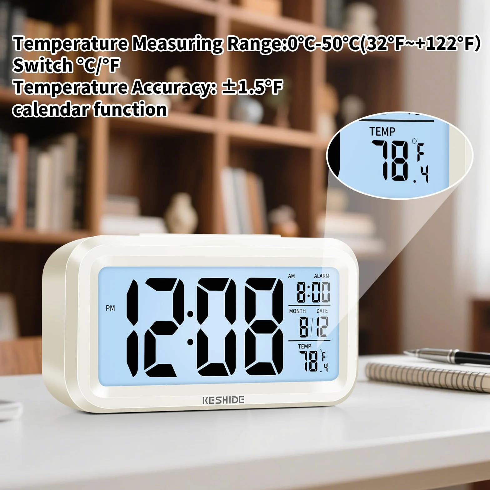 Reloj despertador digital con luz nocturna, funciona con pilas con temperatura interior, reloj pequeño de escritorio, modelo de repetición, pantalla de 12/24 horas para dormitorios, niños que
