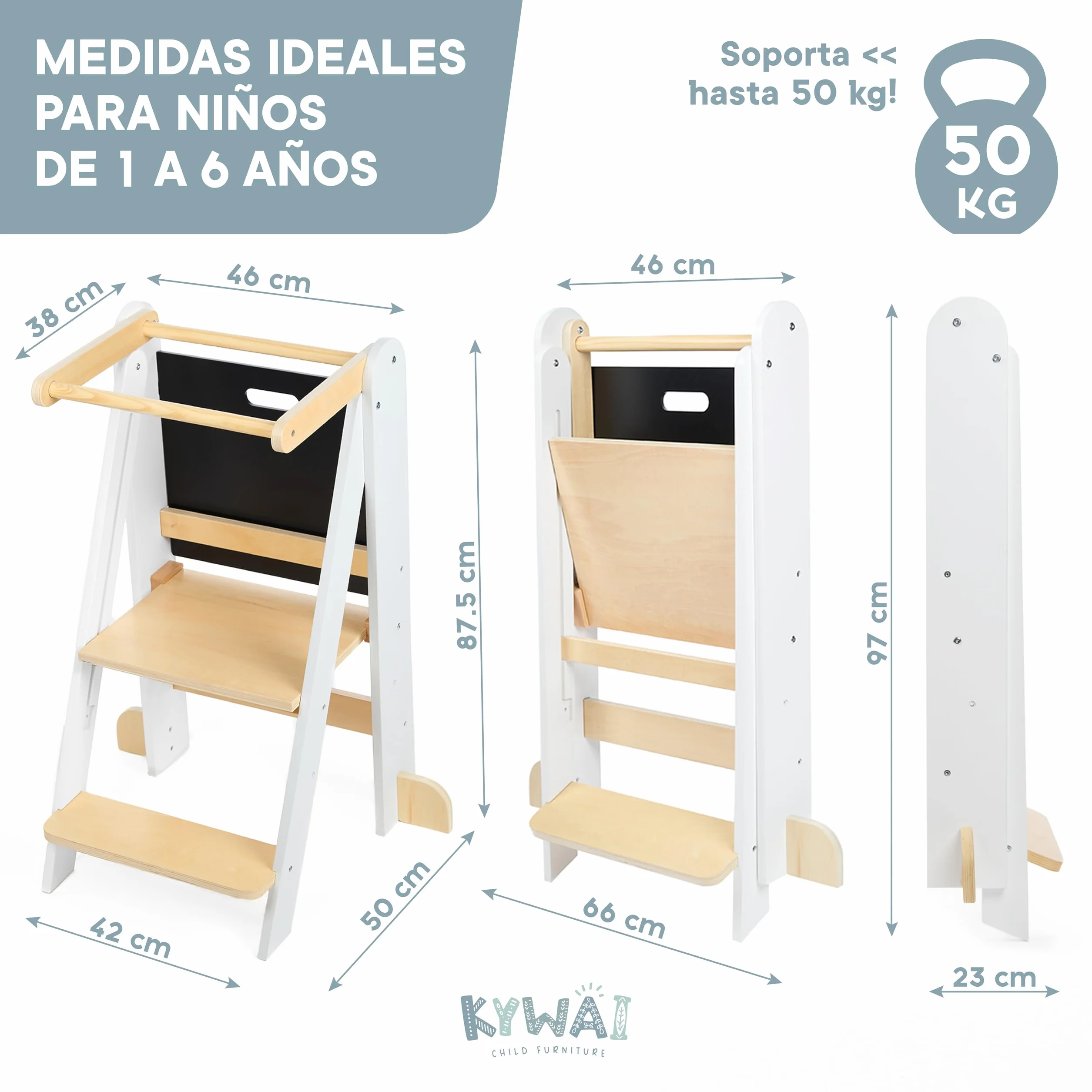 Torre de Aprendizaje Plegable Premium, Ajustable 2 Alturas, Diseño Nórdico con Pizarra Desmontable, Patas Anticaída