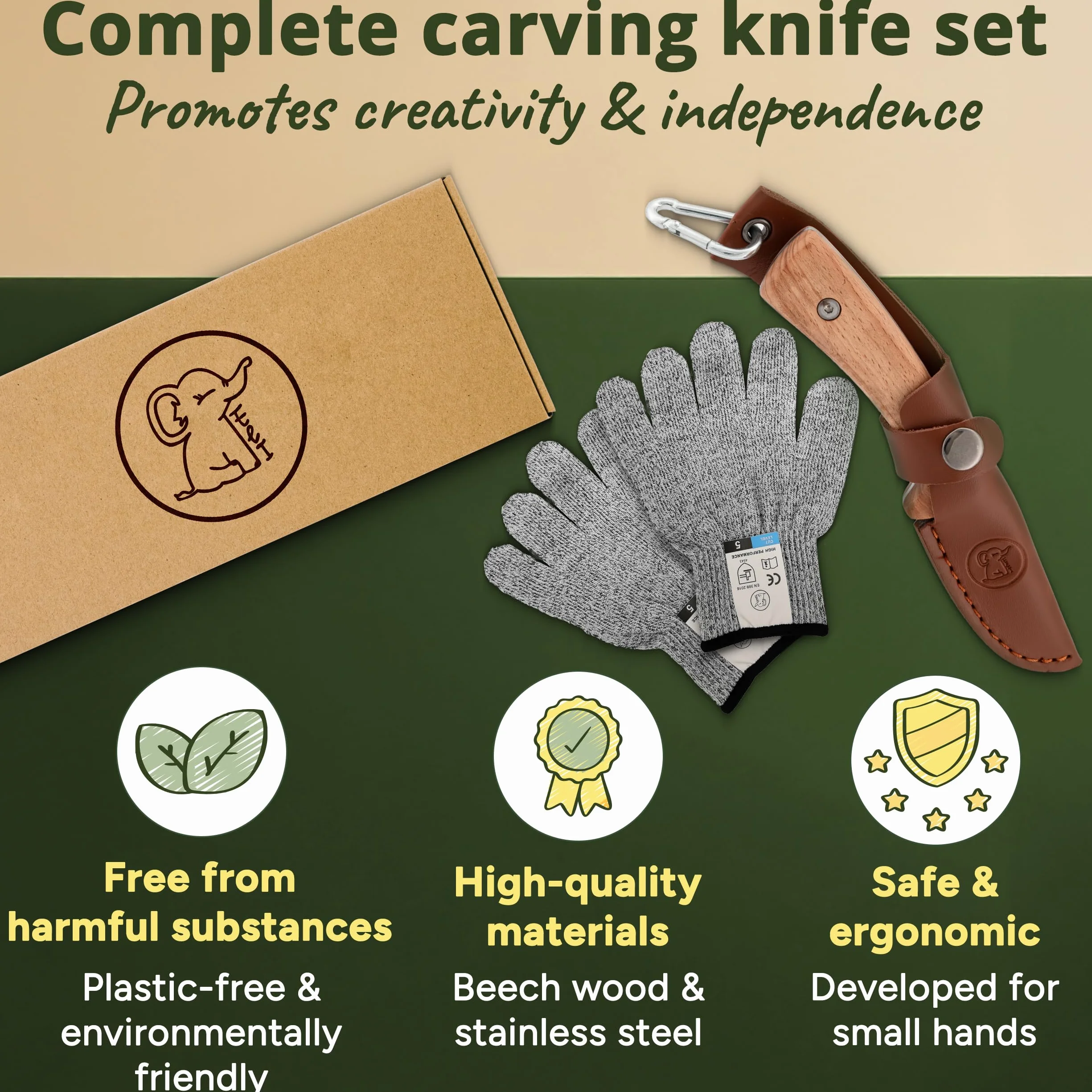 Eli Cuchillo de talla para niños con funda de cuero set con guantes resistentes a cortes
