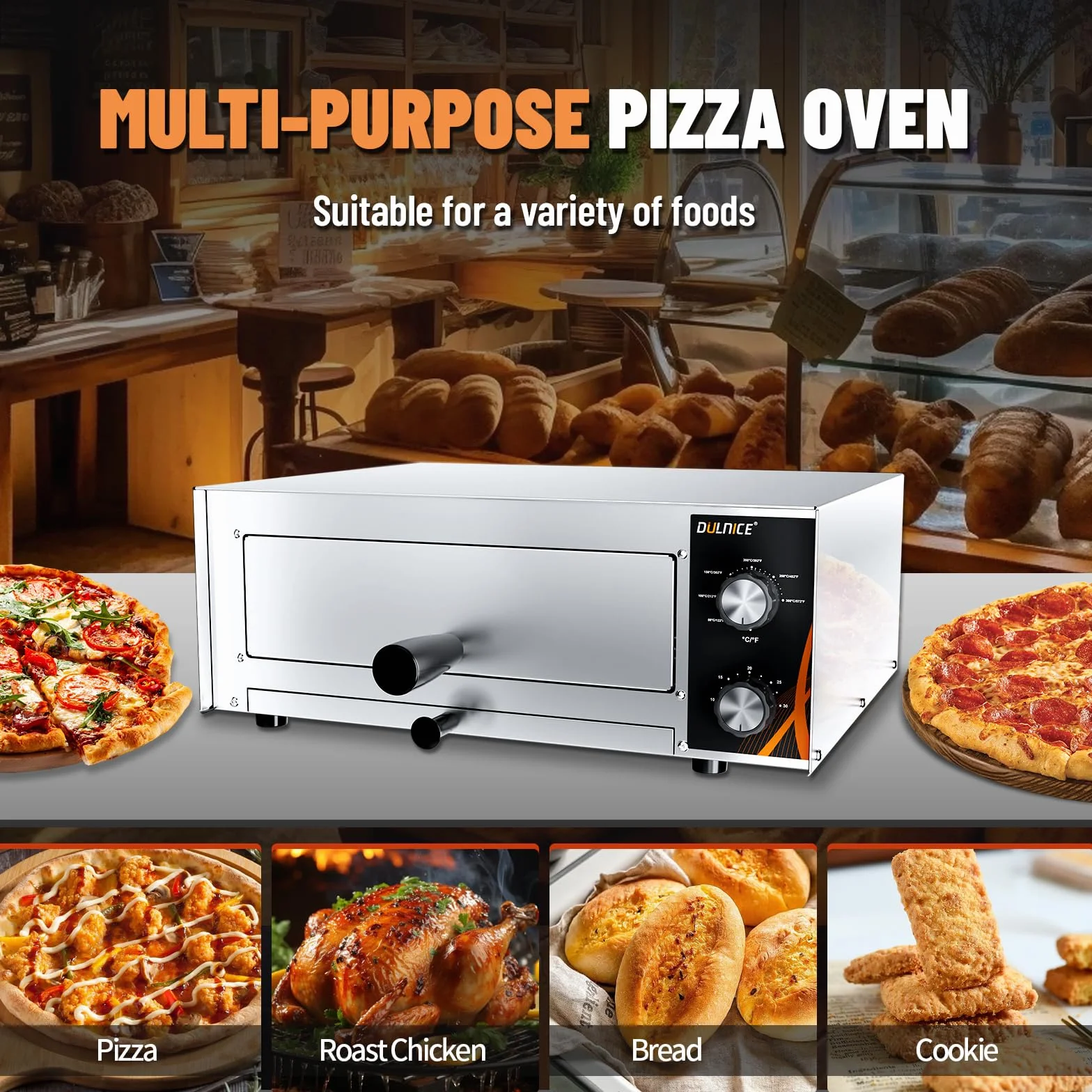 Horno eléctrico para pizza 1500W,Acero Inoxidable con 30 Minutos Temporizador, Rango de Temperatura 50-300℃, Ideal para Familia y Comercio